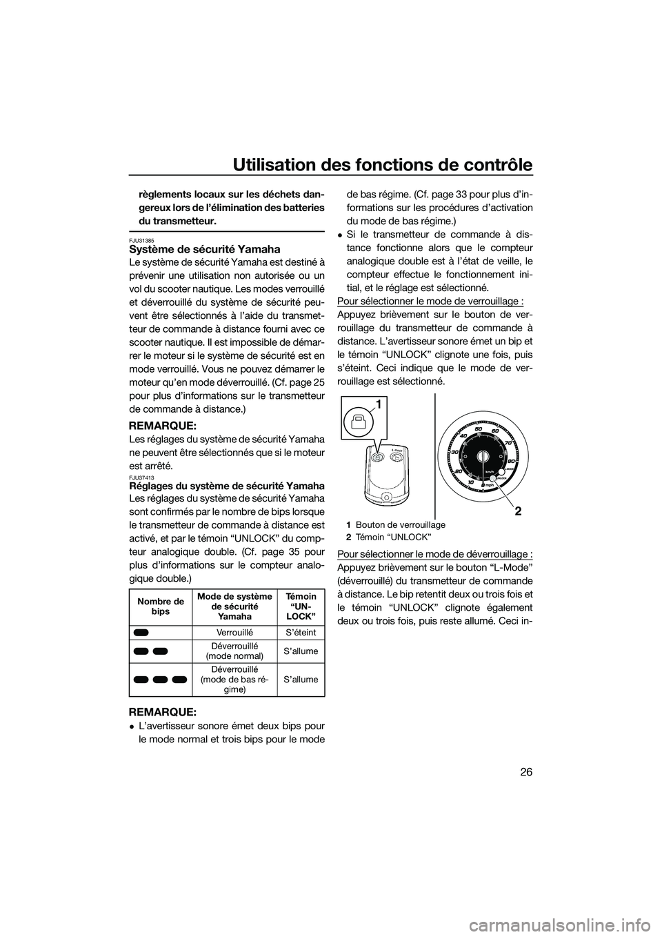 YAMAHA FZR SVHO 2015 Notices Demploi (in French) Utilisation des fonctions de contrôle
26
règlements locaux sur les déchets dan-
gereux lors de l’élimination des batteries
du transmetteur.
FJU31385Système de sécurité Yamaha
Le système de s YAMAHA FZR SVHO 2015 Notices Demploi (in French) Utilisation des fonctions de contrôle
26
règlements locaux sur les déchets dan-
gereux lors de l’élimination des batteries
du transmetteur.
FJU31385Système de sécurité Yamaha
Le système de s
