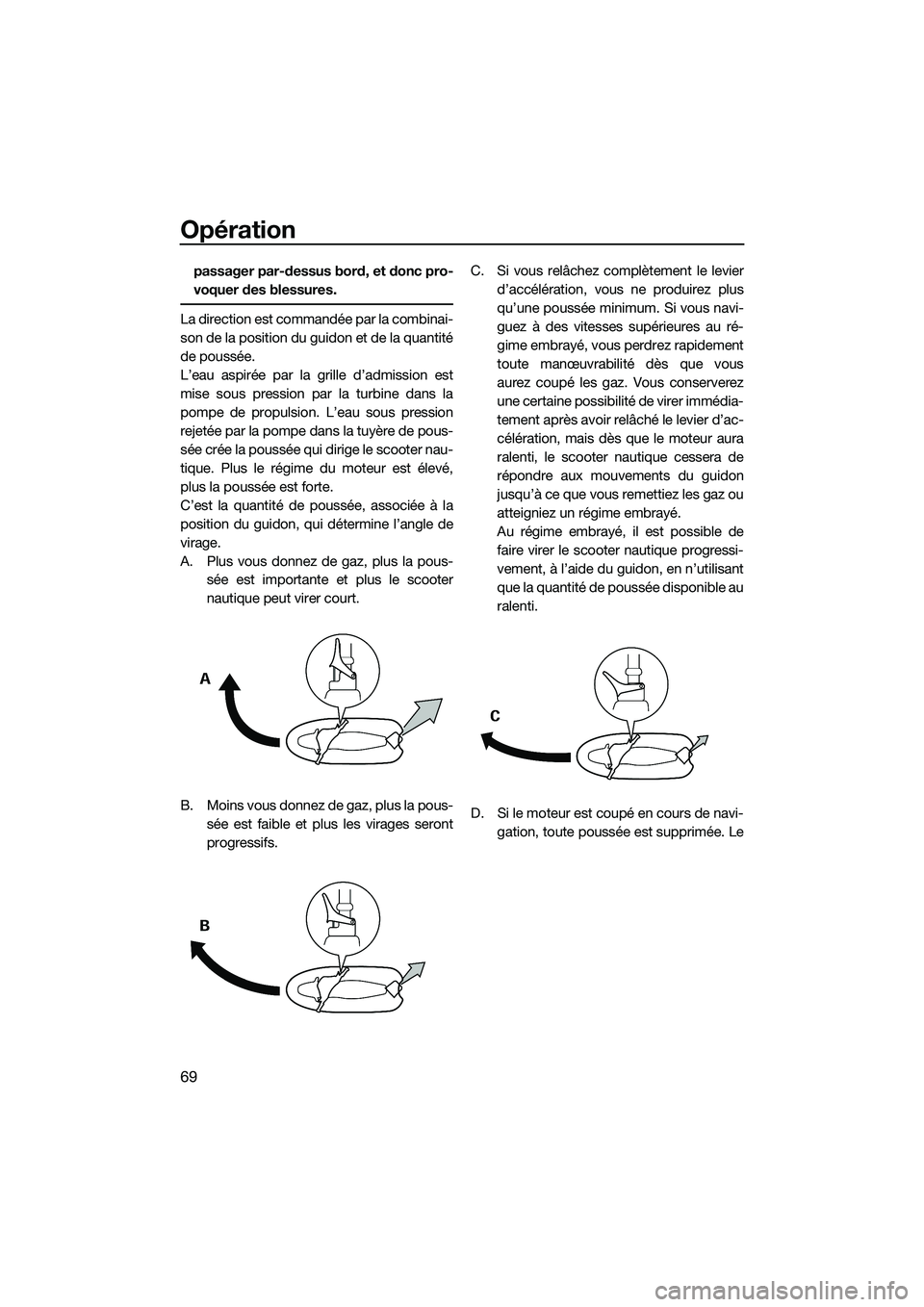 YAMAHA FZR SVHO 2015 Notices Demploi (in French) Opération
69
passager par-dessus bord, et donc pro-
voquer des blessures.
La direction est commandée par la combinai-
son de la position du guidon et de la quantité
de poussée.
L’eau aspirée pa YAMAHA FZR SVHO 2015 Notices Demploi (in French) Opération
69
passager par-dessus bord, et donc pro-
voquer des blessures.
La direction est commandée par la combinai-
son de la position du guidon et de la quantité
de poussée.
L’eau aspirée pa