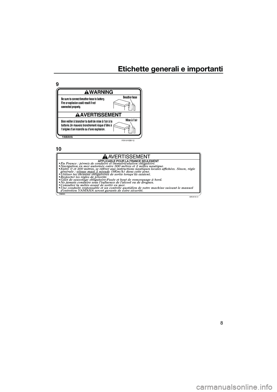YAMAHA FZR SVHO 2015  Manuale duso (in Italian) Etichette generali e importanti
8
UF3L71H0.book  Page 8  Friday, June 13, 2014  5:12 PM 