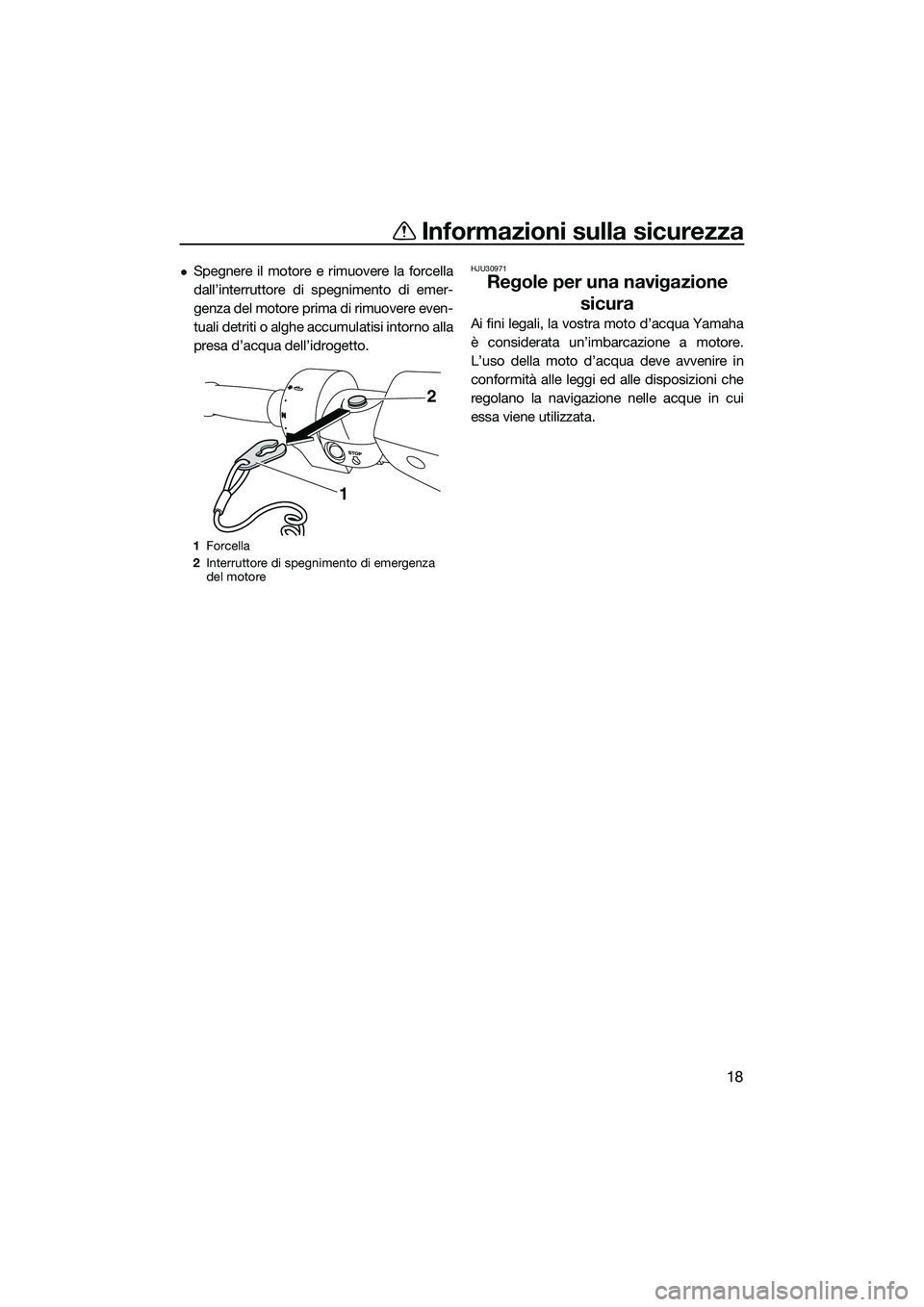 YAMAHA FZR SVHO 2015  Manuale duso (in Italian) Informazioni sulla sicurezza
18
Spegnere il motore e rimuovere la forcella
dall’interruttore di spegnimento di emer-
genza del motore prima di rimuovere even-
tuali detriti o alghe accumulatisi i