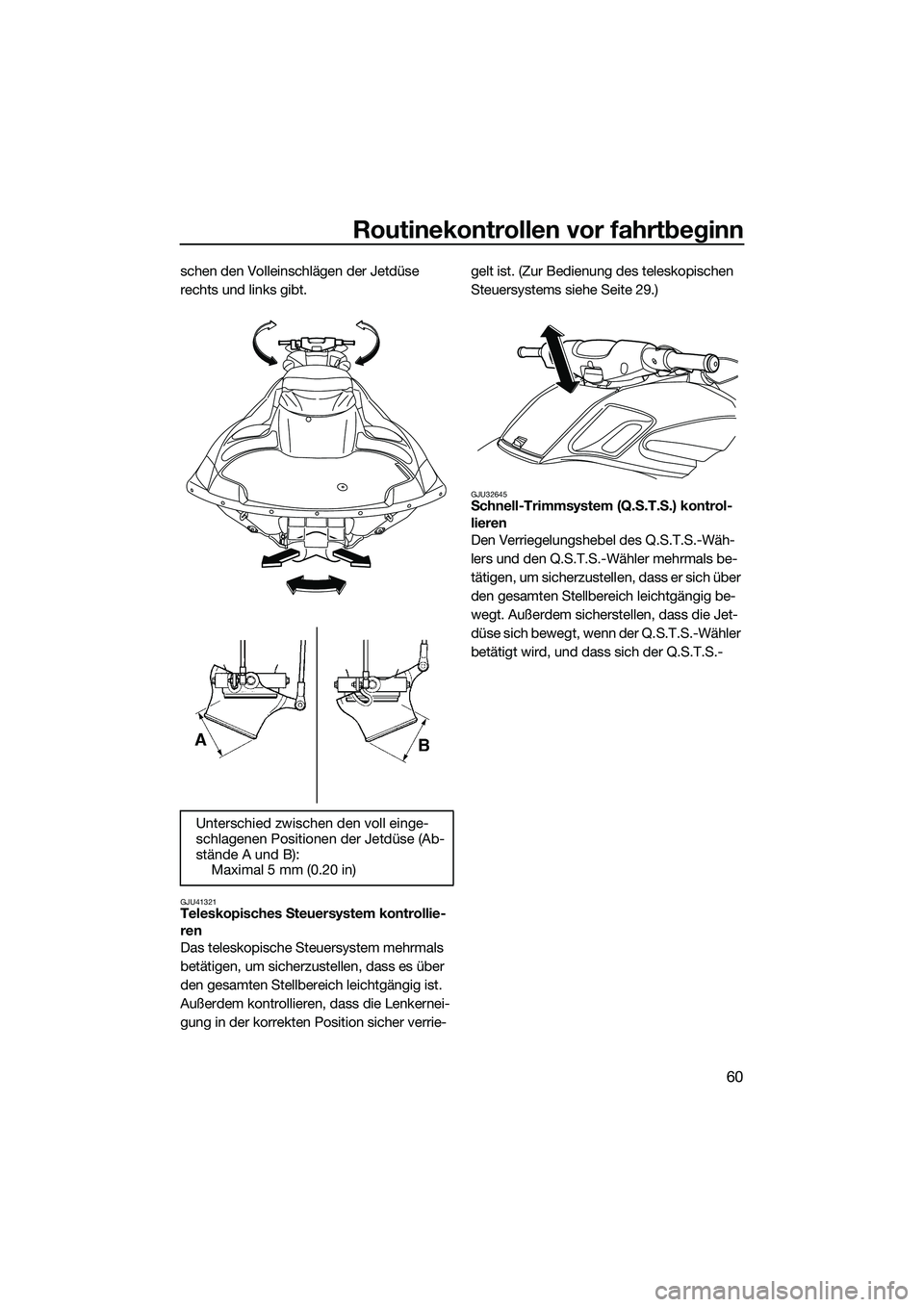 YAMAHA FZR SVHO 2014  Betriebsanleitungen (in German) Routinekontrollen vor fahrtbeginn
60
schen den Volleinschlägen der Jetdüse 
rechts und links gibt.
GJU41321Teleskopisches Steuersystem kontrollie-
ren
Das teleskopische Steuersystem mehrmals 
betät
