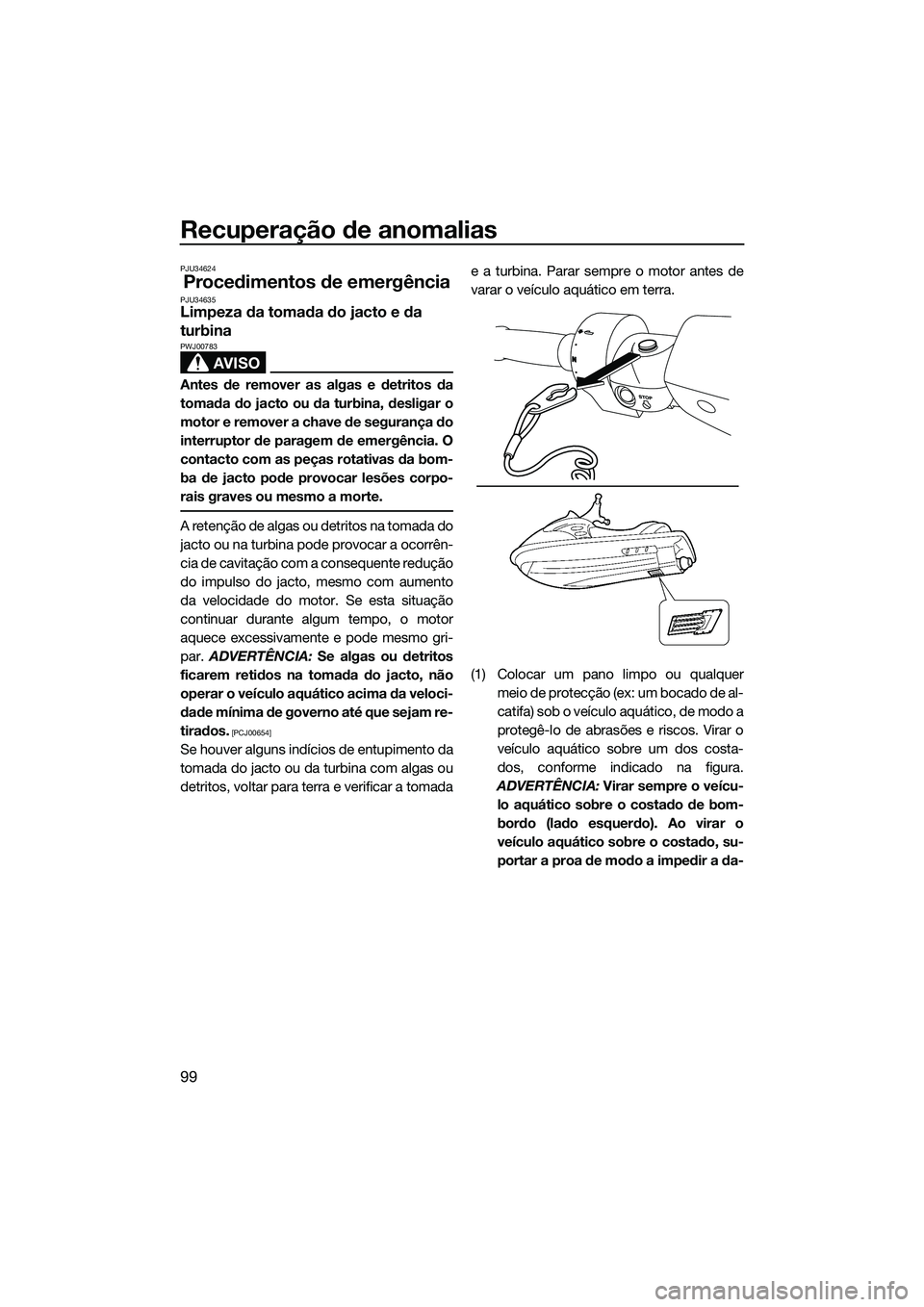 YAMAHA FZR SVHO 2014  Manual de utilização (in Portuguese) Recuperação de anomalias
99
PJU34624
Procedimentos de emergênciaPJU34635Limpeza da tomada do jacto e da 
turbina
AVISO
PWJ00783
Antes de remover as algas e detritos da
tomada do jacto ou da turbina