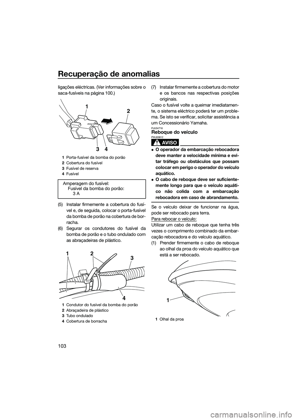 YAMAHA FZR SVHO 2014  Manual de utilização (in Portuguese) Recuperação de anomalias
103
ligações eléctricas. (Ver informações sobre o
saca-fusíveis na página 100.)
(5) Instalar firmemente a cobertura do fusí-vel e, de seguida, colocar o porta-fusív