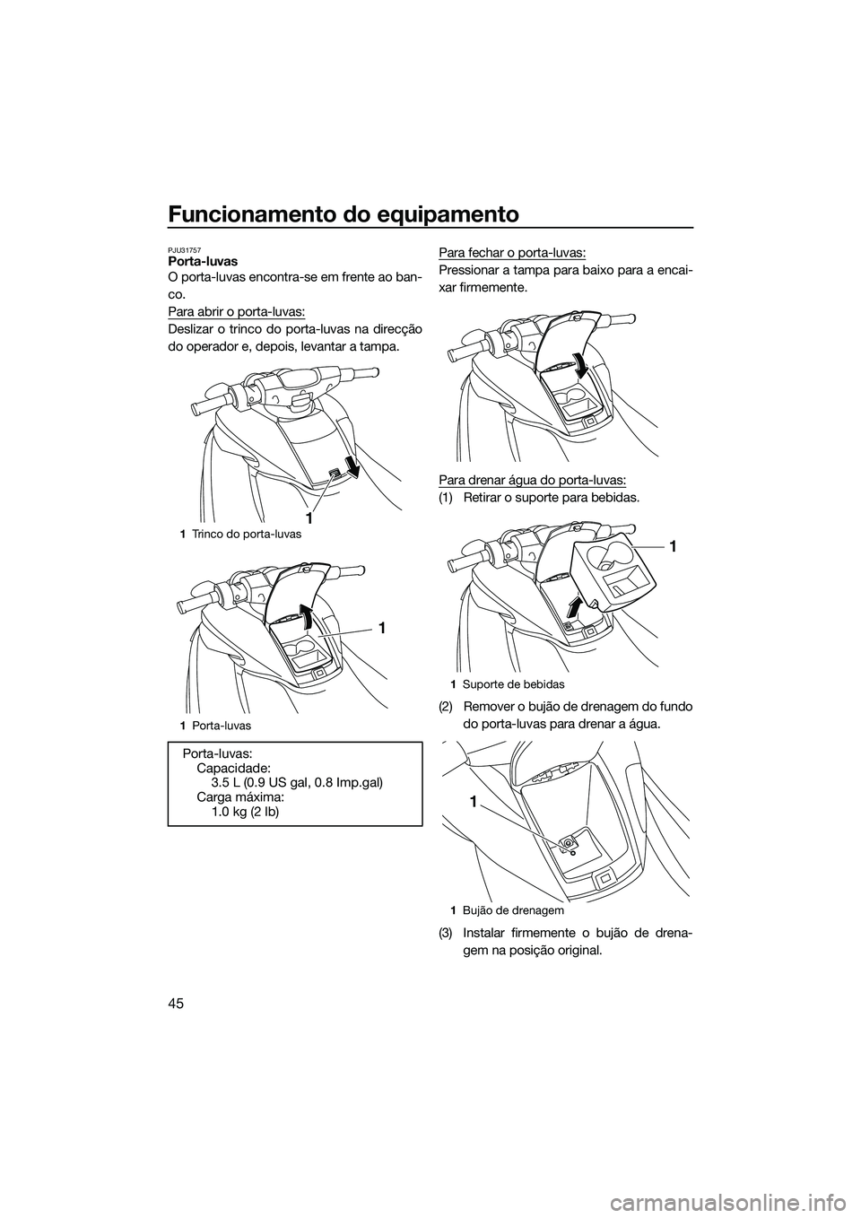 YAMAHA FZR SVHO 2014  Manual de utilização (in Portuguese) Funcionamento do equipamento
45
PJU31757Porta-luvas
O porta-luvas encontra-se em frente ao ban-
co.
Para abrir o porta-luvas:
Deslizar o trinco do porta-luvas na direcção
do operador e, depois, leva