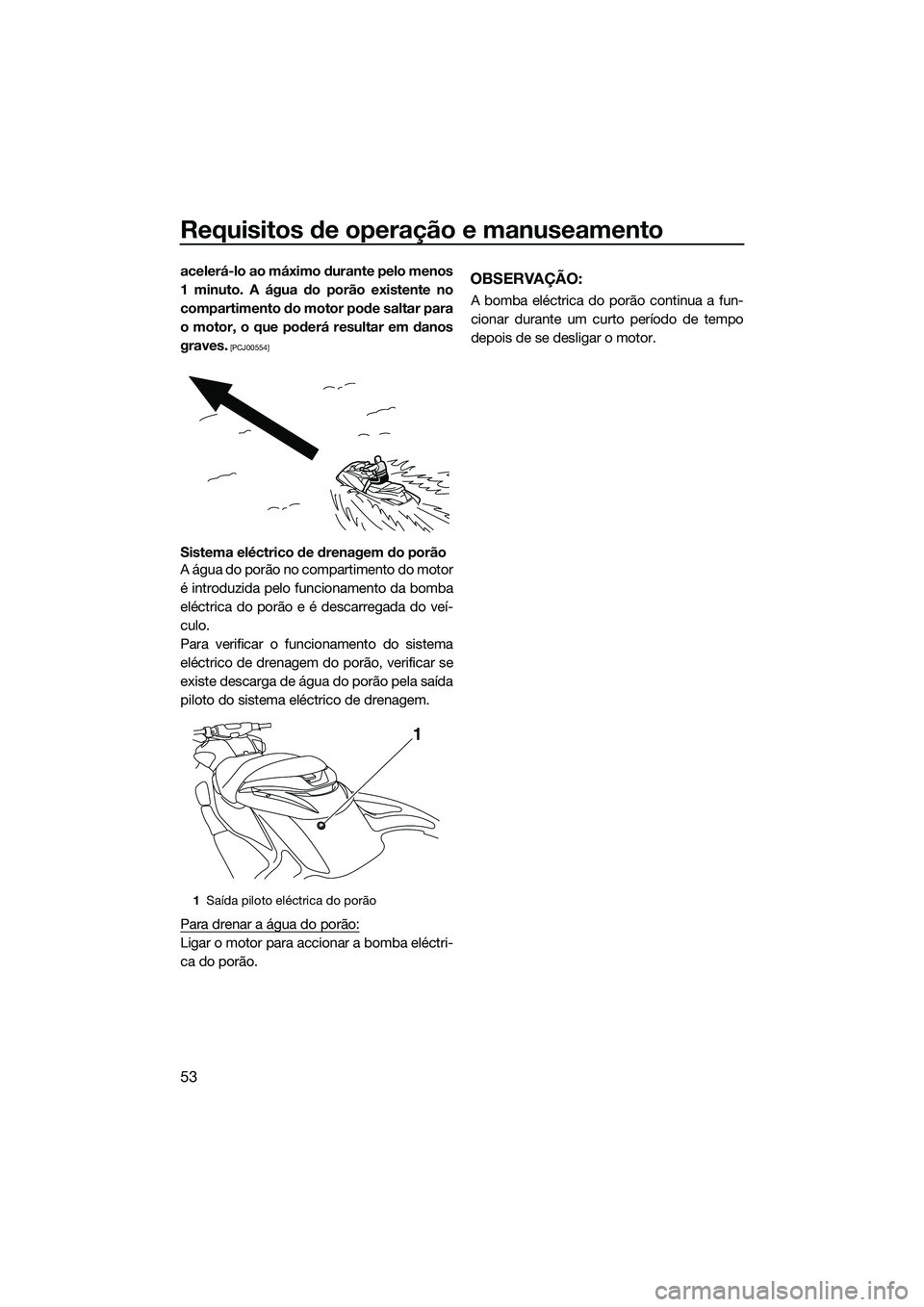 YAMAHA FZR SVHO 2014  Manual de utilização (in Portuguese) Requisitos de operação e manuseamento
53
acelerá-lo ao máximo durante pelo menos
1 minuto. A água do porão existente no
compartimento do motor pode saltar para
o motor, o que poderá resultar em