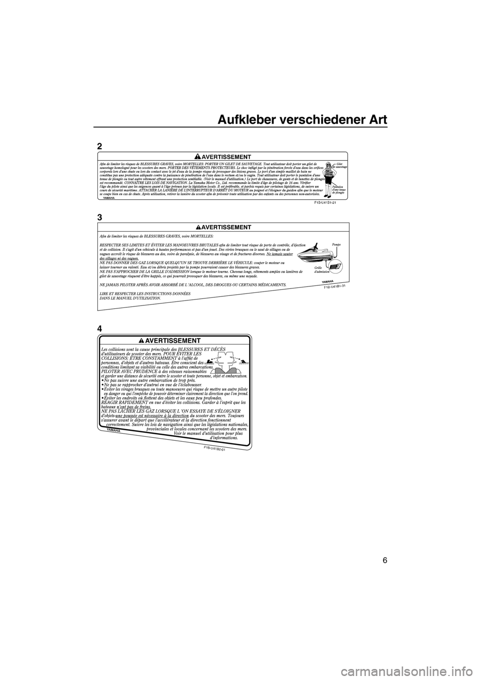 YAMAHA FZR SVHO 2013  Betriebsanleitungen (in German) Aufkleber verschiedener Art
6
UF2R74G0.book  Page 6  Friday, August 10, 2012  11:48 AM 