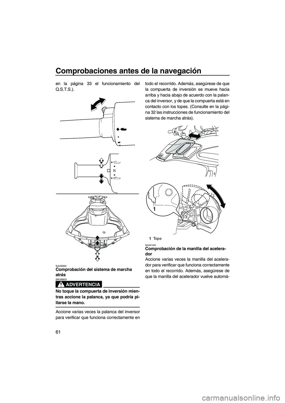 YAMAHA FZR SVHO 2013  Manuale de Empleo (in Spanish) Comprobaciones antes de la navegación
61
en la página 33 el funcionamiento del
Q.S.T.S.).
SJU32634Comprobación del sistema de marcha 
atrás 
ADVERTENCIA
SWJ00031
No toque la compuerta de inversió