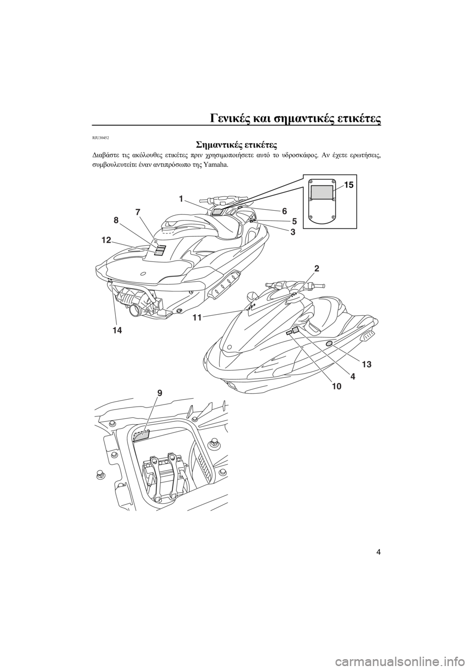 YAMAHA FZR SVHO 2013  ΟΔΗΓΌΣ ΧΡΉΣΗΣ (in Greek) Γενικές και σημαντικές ετικέτες
4
RJU30452
Σημαντικές ετικέτες 
Διαβάστε τις ακόλουθες ετικέτες πριν χρησιμοποι
