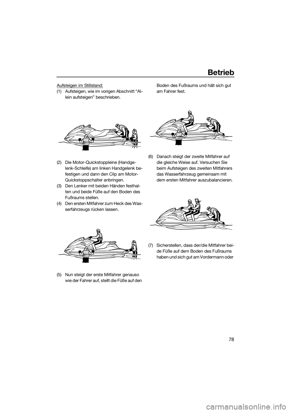 YAMAHA FZS 2015  Betriebsanleitungen (in German) Betrieb
78
Aufsteigen im Stillstand:
(1) Aufsteigen, wie im vorigen Abschnitt “Al-
lein aufsteigen” beschrieben.
(2) Die Motor-Quickstoppleine (Handge-
lenk-Schleife) am linken Handgelenk be-
fest