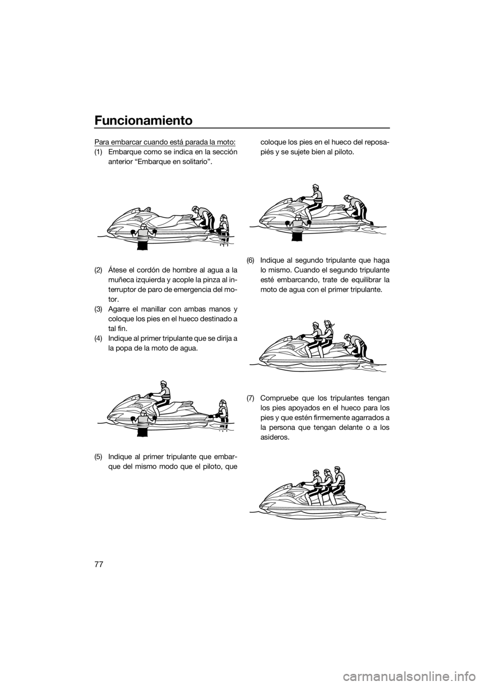 YAMAHA FZS 2015  Manuale de Empleo (in Spanish) Funcionamiento
77
Para embarcar cuando está parada la moto:
(1) Embarque como se indica en la sección
anterior “Embarque en solitario”.
(2) Átese el cordón de hombre al agua a la
muñeca izqui