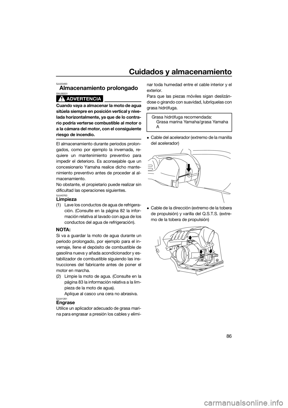 YAMAHA FZS 2015 Manuale de Empleo (in Spanish) Cuidados y almacenamiento
86
SJU33493
Almacenamiento prolongado
ADVERTENCIA
SWJ00331
Cuando vaya a almacenar la moto de agua
sitúela siempre en posición vertical y nive-
lada horizontalmente, ya que YAMAHA FZS 2015 Manuale de Empleo (in Spanish) Cuidados y almacenamiento
86
SJU33493
Almacenamiento prolongado
ADVERTENCIA
SWJ00331
Cuando vaya a almacenar la moto de agua
sitúela siempre en posición vertical y nive-
lada horizontalmente, ya que