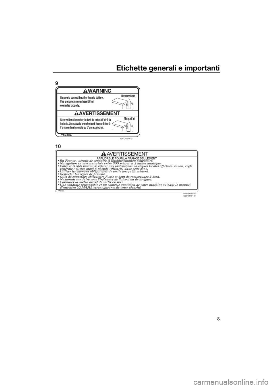 YAMAHA FZS 2015  Manuale duso (in Italian) Etichette generali e importanti
8
F0V-U41DB-12
GP8-U416H-01 
GJ3-U416H-01
9
10
UF3K71H0.book  Page 8  Wednesday, August 6, 2014  11:18 AM 