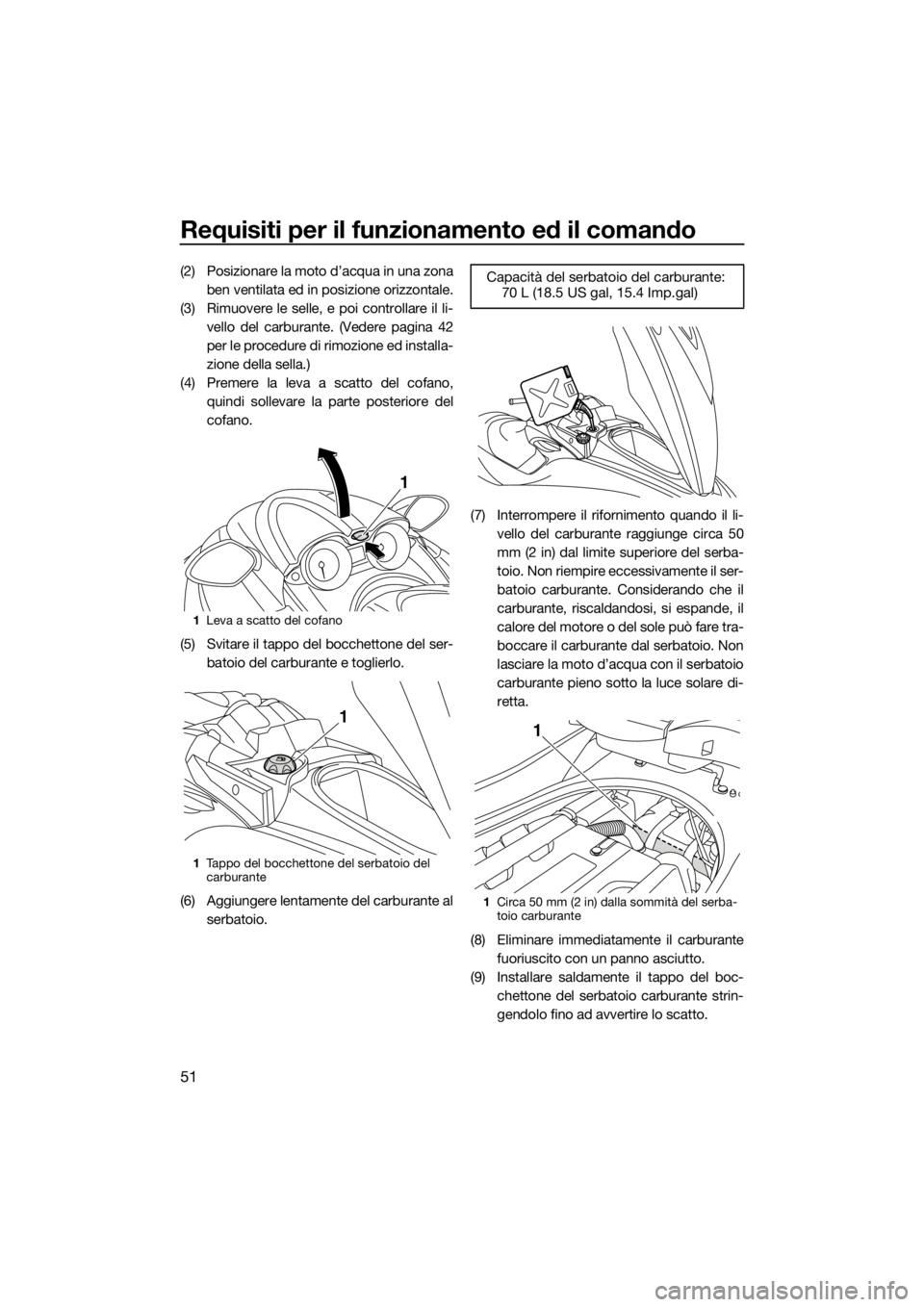 YAMAHA FZS 2015 Manuale duso (in Italian) Requisiti per il funzionamento ed il comando
51
(2) Posizionare la moto d’acqua in una zona
ben ventilata ed in posizione orizzontale.
(3) Rimuovere le selle, e poi controllare il li-
vello del carb YAMAHA FZS 2015 Manuale duso (in Italian) Requisiti per il funzionamento ed il comando
51
(2) Posizionare la moto d’acqua in una zona
ben ventilata ed in posizione orizzontale.
(3) Rimuovere le selle, e poi controllare il li-
vello del carb