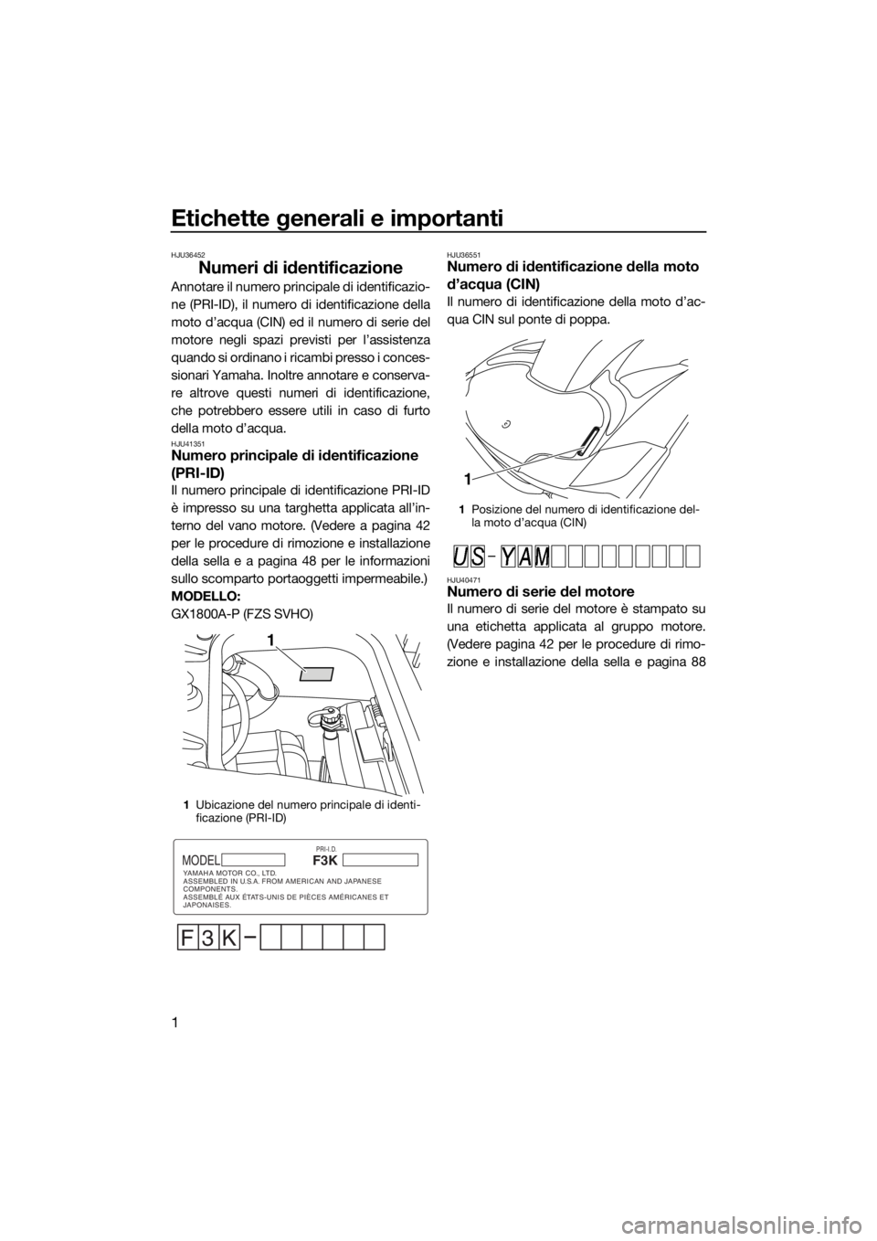 YAMAHA FZS 2015 Manuale duso (in Italian) Etichette generali e importanti
1
HJU36452
Numeri di identificazione
Annotare il numero principale di identificazio-
ne (PRI-ID), il numero di identificazione della
moto d’acqua (CIN) ed il numero d YAMAHA FZS 2015 Manuale duso (in Italian) Etichette generali e importanti
1
HJU36452
Numeri di identificazione
Annotare il numero principale di identificazio-
ne (PRI-ID), il numero di identificazione della
moto d’acqua (CIN) ed il numero d