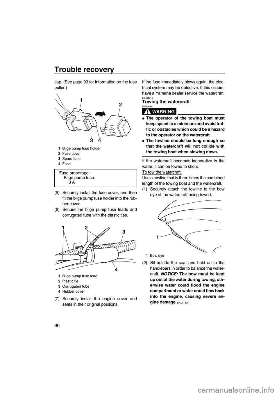 YAMAHA FZS 2013  Owners Manual Trouble recovery
96
cap. (See page 93 for information on the fuse
puller.)
(5) Securely install the fuse cover, and thenfit the bilge pump fuse holder into the rub-
ber cover.
(6) Secure the bilge pum