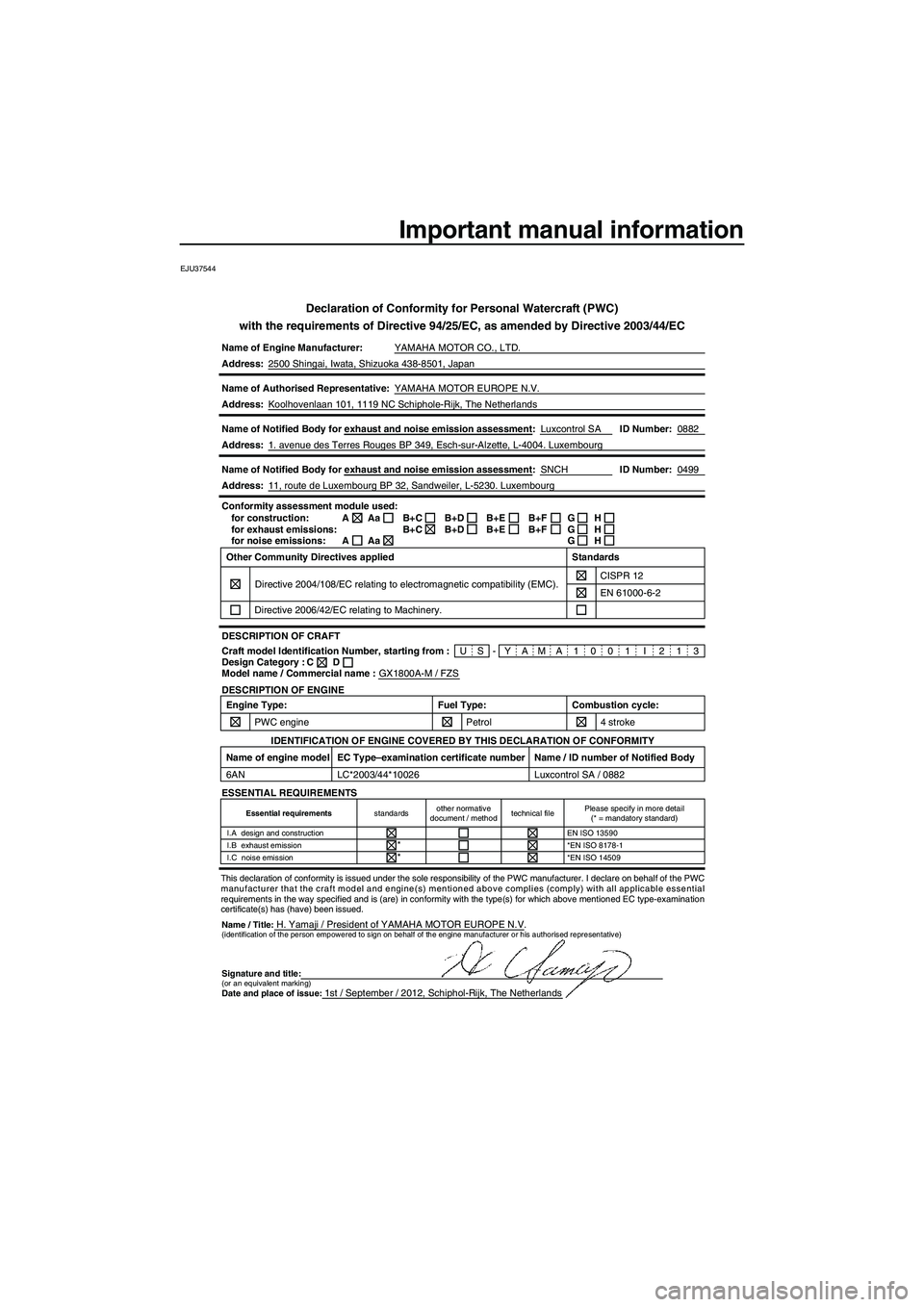 YAMAHA FZS 2013 Owners Manual Important manual information
EJU37544
Declaration of Conformity for Personal Watercraft (PWC)
with the requirements of Directive 94/25/EC, as amended by Directive 200\
3/44/EC
Name of Engine Manufactu YAMAHA FZS 2013 Owners Manual Important manual information
EJU37544
Declaration of Conformity for Personal Watercraft (PWC)
with the requirements of Directive 94/25/EC, as amended by Directive 200\
3/44/EC
Name of Engine Manufactu