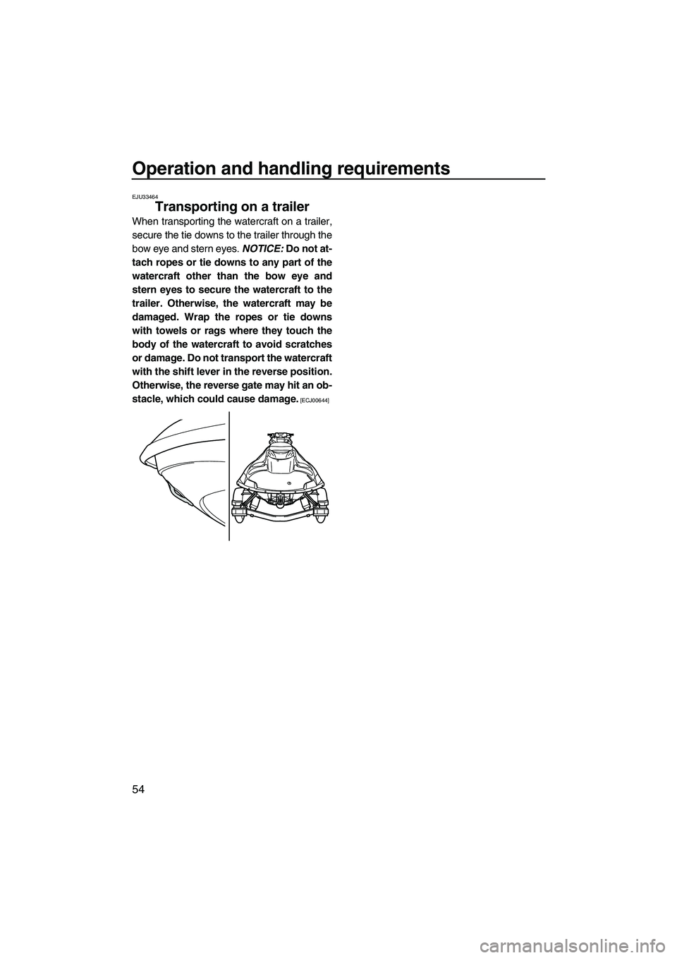 YAMAHA FZS 2013  Owners Manual Operation and handling requirements
54
EJU33464
Transporting on a trailer 
When transporting the watercraft on a trailer,
secure the tie downs to the trailer through the
bow eye and stern eyes. NOTICE