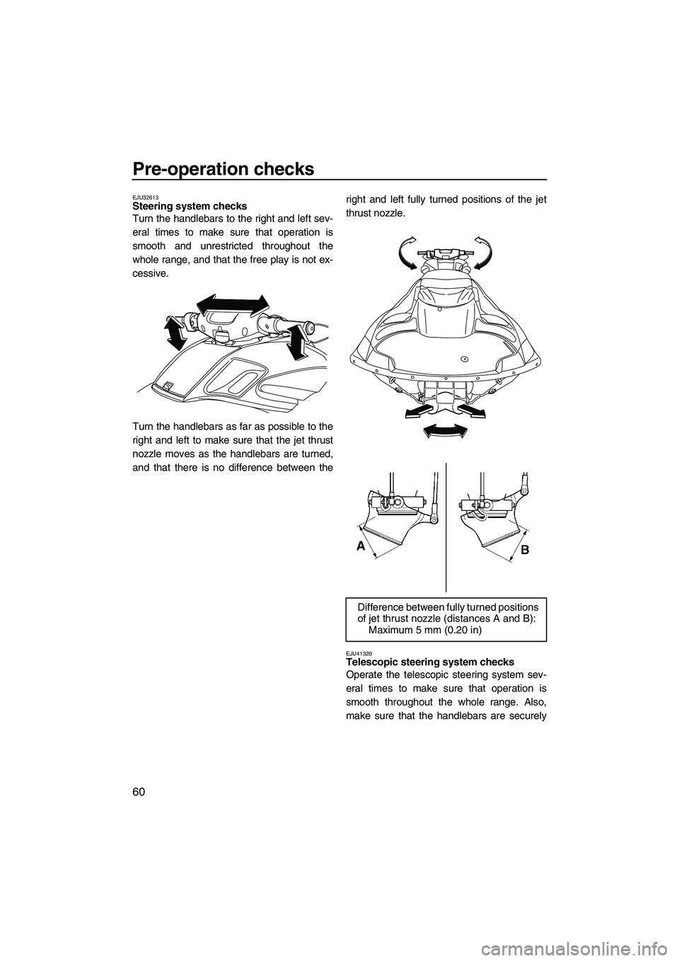 YAMAHA FZS 2013  Owners Manual Pre-operation checks
60
EJU32613Steering system checks 
Turn the handlebars to the right and left sev-
eral times to make sure that operation is
smooth and unrestricted throughout the
whole range, and