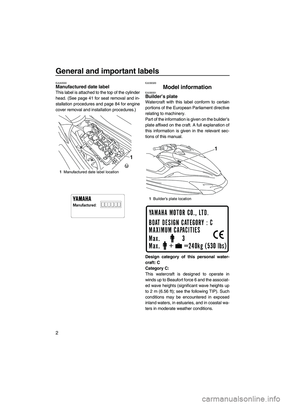 YAMAHA FZS 2013 Owners Manual General and important labels
2
EJU42030Manufactured date label
This label is attached to the top of the cylinder
head. (See page 41 for seat removal and in-
stallation procedures and page 84 for engi YAMAHA FZS 2013 Owners Manual General and important labels
2
EJU42030Manufactured date label
This label is attached to the top of the cylinder
head. (See page 41 for seat removal and in-
stallation procedures and page 84 for engi