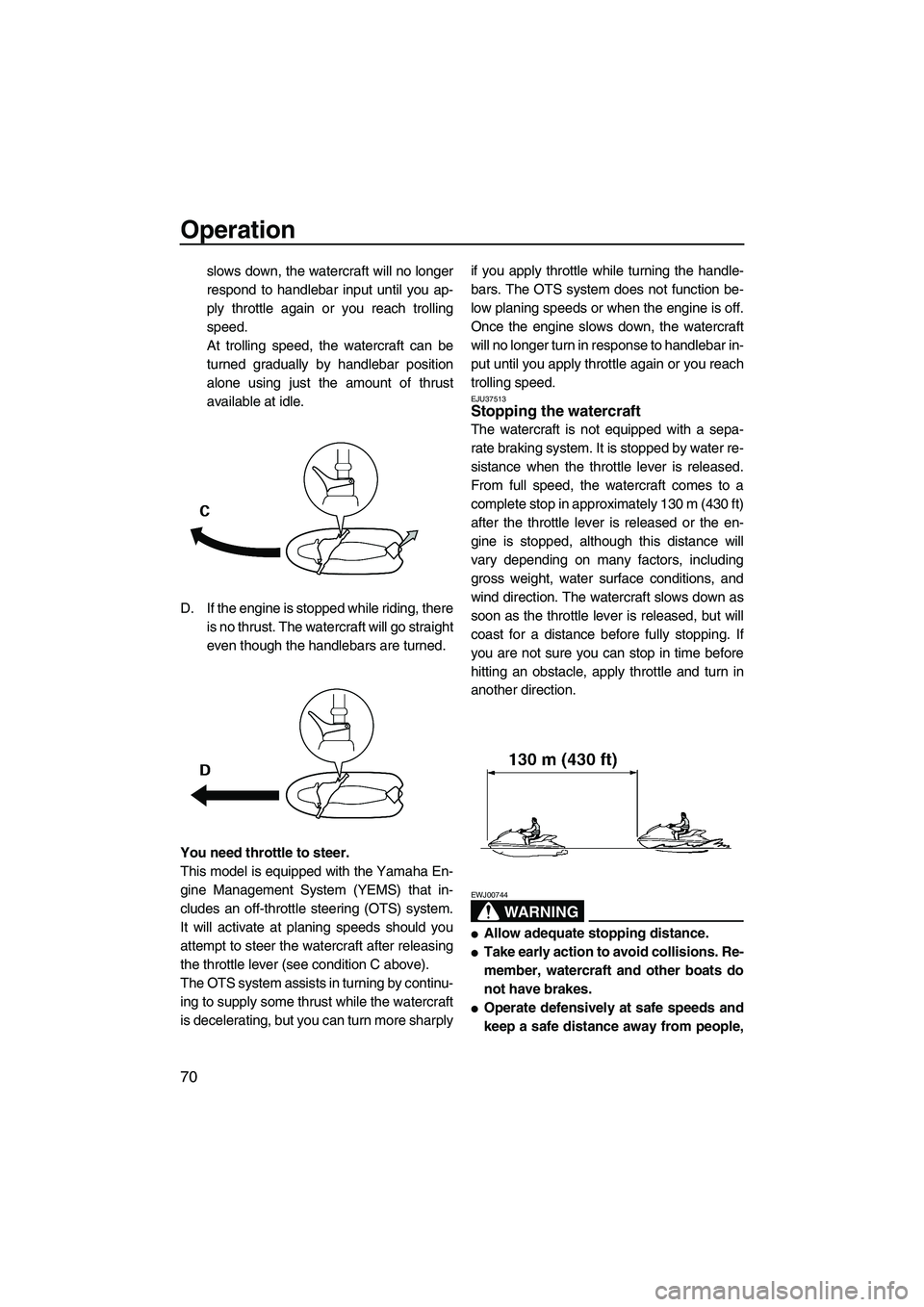 YAMAHA FZS 2013  Owners Manual Operation
70
slows down, the watercraft will no longer
respond to handlebar input until you ap-
ply throttle again or you reach trolling
speed.
At trolling speed, the watercraft can be
turned graduall