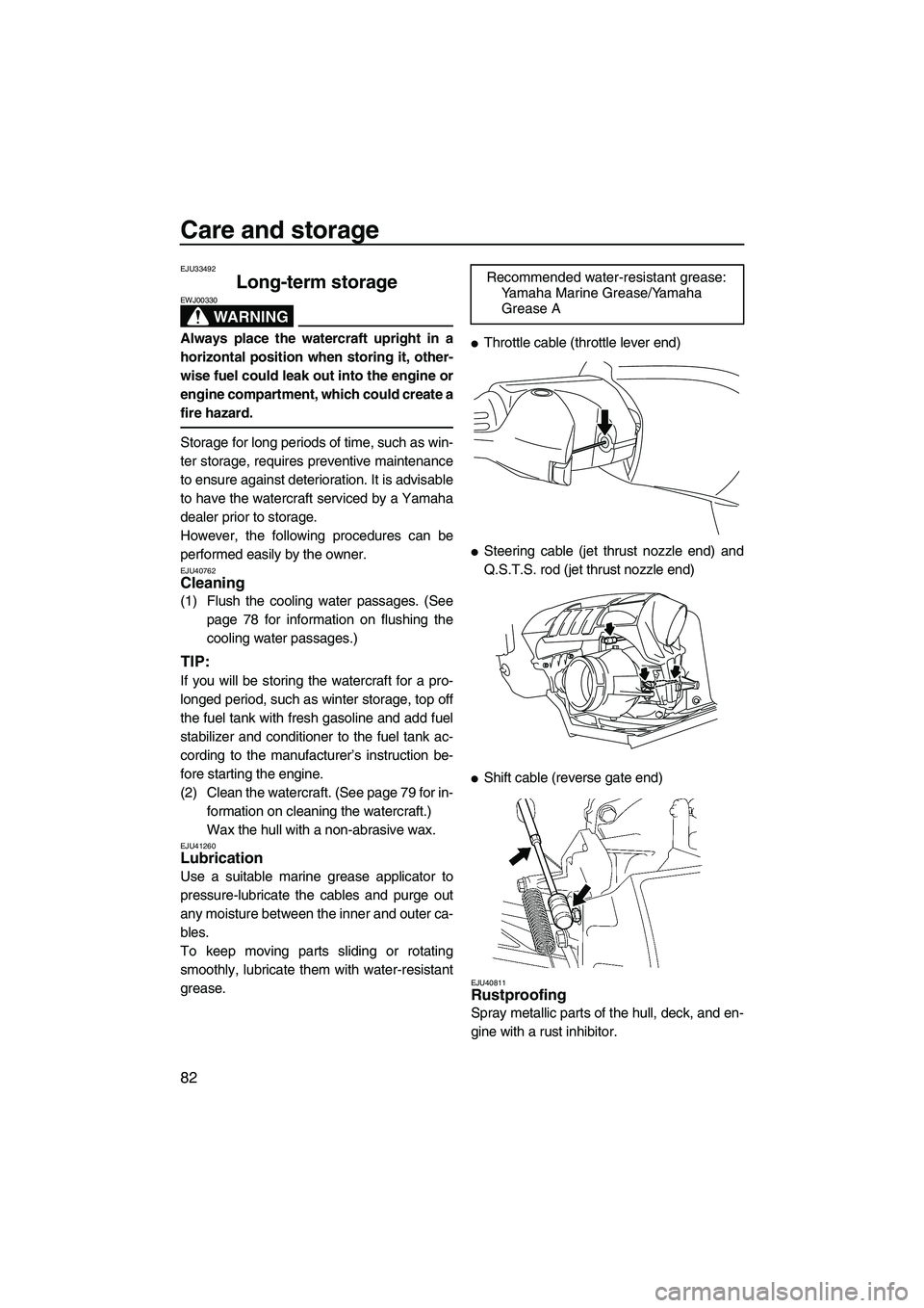 YAMAHA FZS 2013  Owners Manual Care and storage
82
EJU33492
Long-term storage 
WARNING
EWJ00330
Always place the watercraft upright in a
horizontal position when storing it, other-
wise fuel could leak out into the engine or
engine
