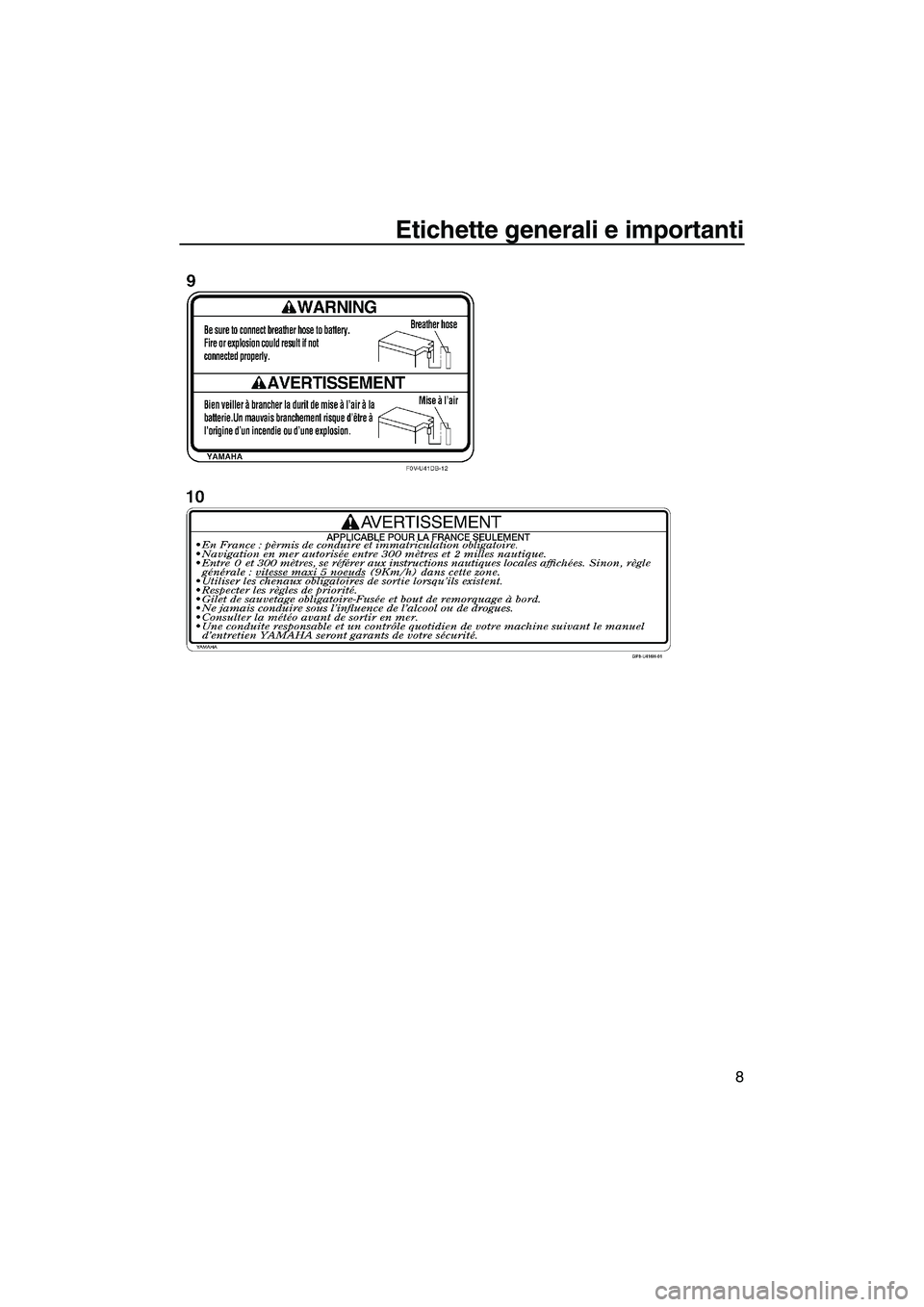 YAMAHA FZS 2013  Manuale duso (in Italian) Etichette generali e importanti
8
UF2C74H0.book  Page 8  Tuesday, July 31, 2012  1:44 PM 