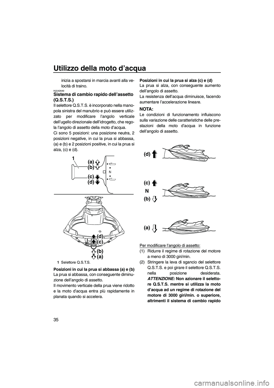 YAMAHA FZS 2013 Manuale duso (in Italian) Utilizzo della moto d’acqua
35
inizia a spostarsi in marcia avanti alla ve-
locità di traino.
HJU42640Sistema di cambio rapido dell’assetto
(Q.S.T.S.)
Il selettore Q.S.T.S. è incorporato nella YAMAHA FZS 2013 Manuale duso (in Italian) Utilizzo della moto d’acqua
35
inizia a spostarsi in marcia avanti alla ve-
locità di traino.
HJU42640Sistema di cambio rapido dell’assetto
(Q.S.T.S.)
Il selettore Q.S.T.S. è incorporato nella
