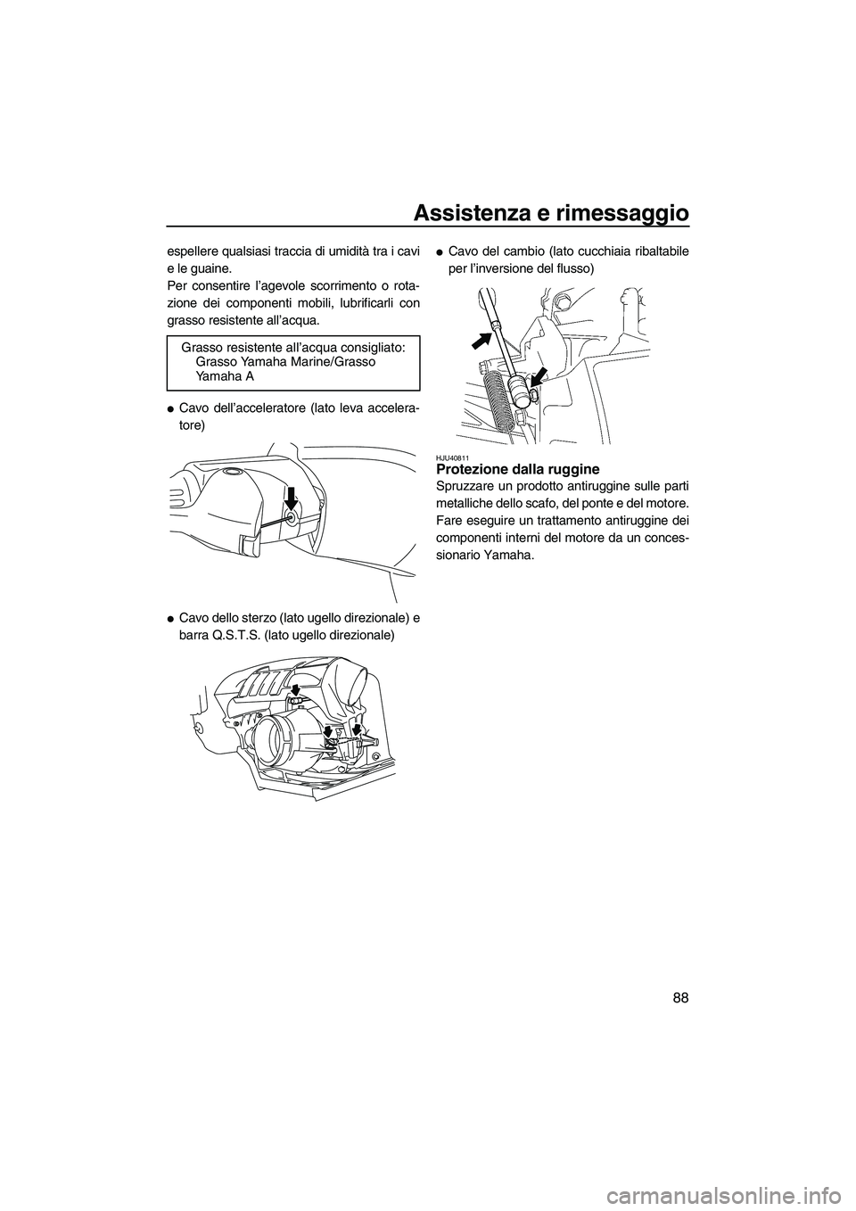 YAMAHA FZS 2013  Manuale duso (in Italian) Assistenza e rimessaggio
88
espellere qualsiasi traccia di umidità tra i cavi
e le guaine.
Per consentire l’agevole scorrimento o rota-
zione dei componenti mobili, lubrificarli con
grasso resisten