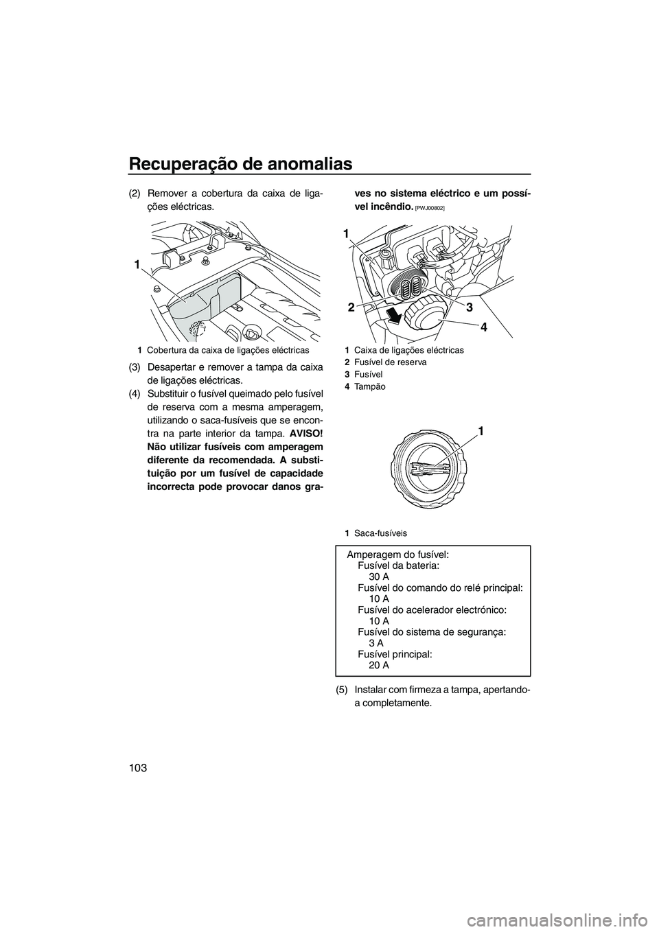 YAMAHA FZS 2013  Manual de utilização (in Portuguese) Recuperação de anomalias
103
(2) Remover a cobertura da caixa de liga-ções eléctricas.
(3) Desapertar e remover a tampa da caixa de ligações eléctricas.
(4) Substituir o fusível queimado pelo