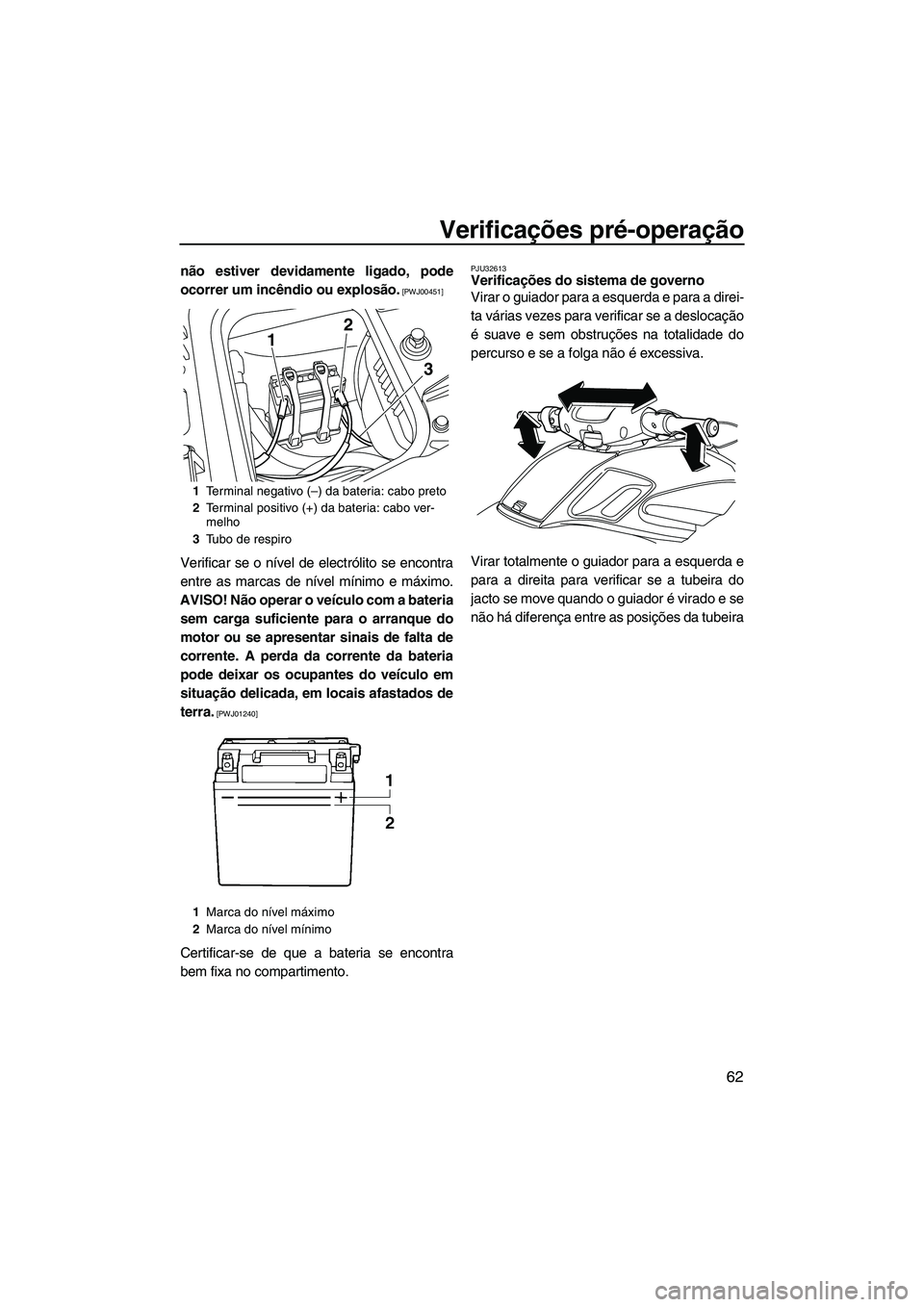 YAMAHA FZS 2013  Manual de utilização (in Portuguese) Verificações pré-operação
62
não estiver devidamente ligado, pode
ocorrer um incêndio ou explosão.
 [PWJ00451]
Verificar se o nível de electrólito se encontra
entre as marcas de nível míni