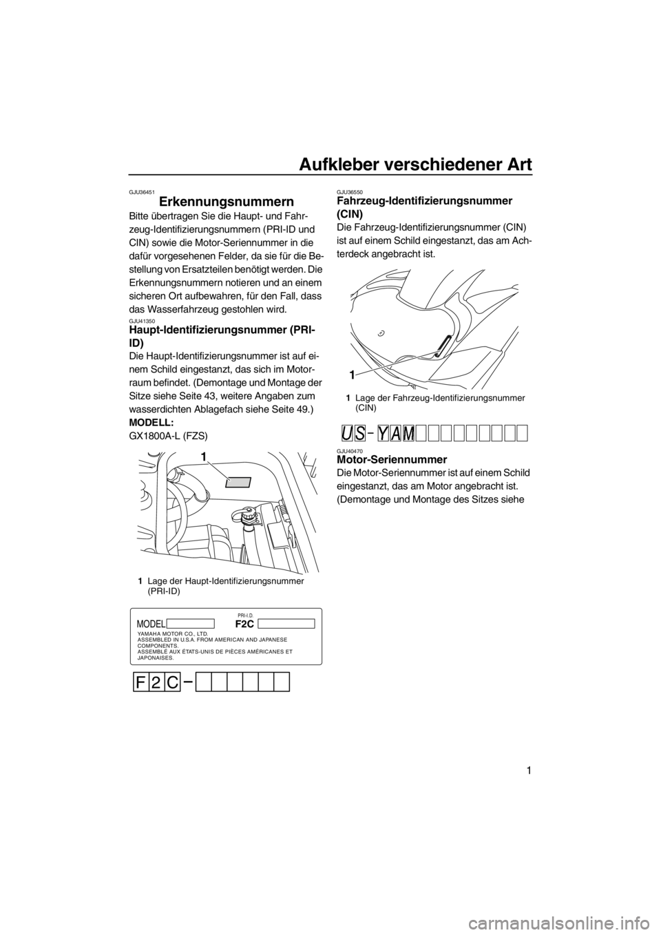 YAMAHA FZS 2012 Betriebsanleitungen (in German) Aufkleber verschiedener Art
1
GJU36451
Erkennungsnummern
Bitte übertragen Sie die Haupt- und Fahr-
zeug-Identifizierungsnummern (PRI-ID und
CIN) sowie die Motor-Seriennummer in die
dafür vorgeseh YAMAHA FZS 2012 Betriebsanleitungen (in German) Aufkleber verschiedener Art
1
GJU36451
Erkennungsnummern
Bitte übertragen Sie die Haupt- und Fahr-
zeug-Identifizierungsnummern (PRI-ID und
CIN) sowie die Motor-Seriennummer in die
dafür vorgeseh