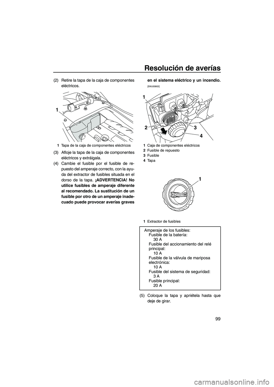 YAMAHA FZS SVHO 2012  Manuale de Empleo (in Spanish) Resolución de averías
99
(2) Retire la tapa de la caja de componentes
eléctricos.
(3) Afloje la tapa de la caja de componentes
eléctricos y extráigala.
(4) Cambie el fusible por el fusible de re-