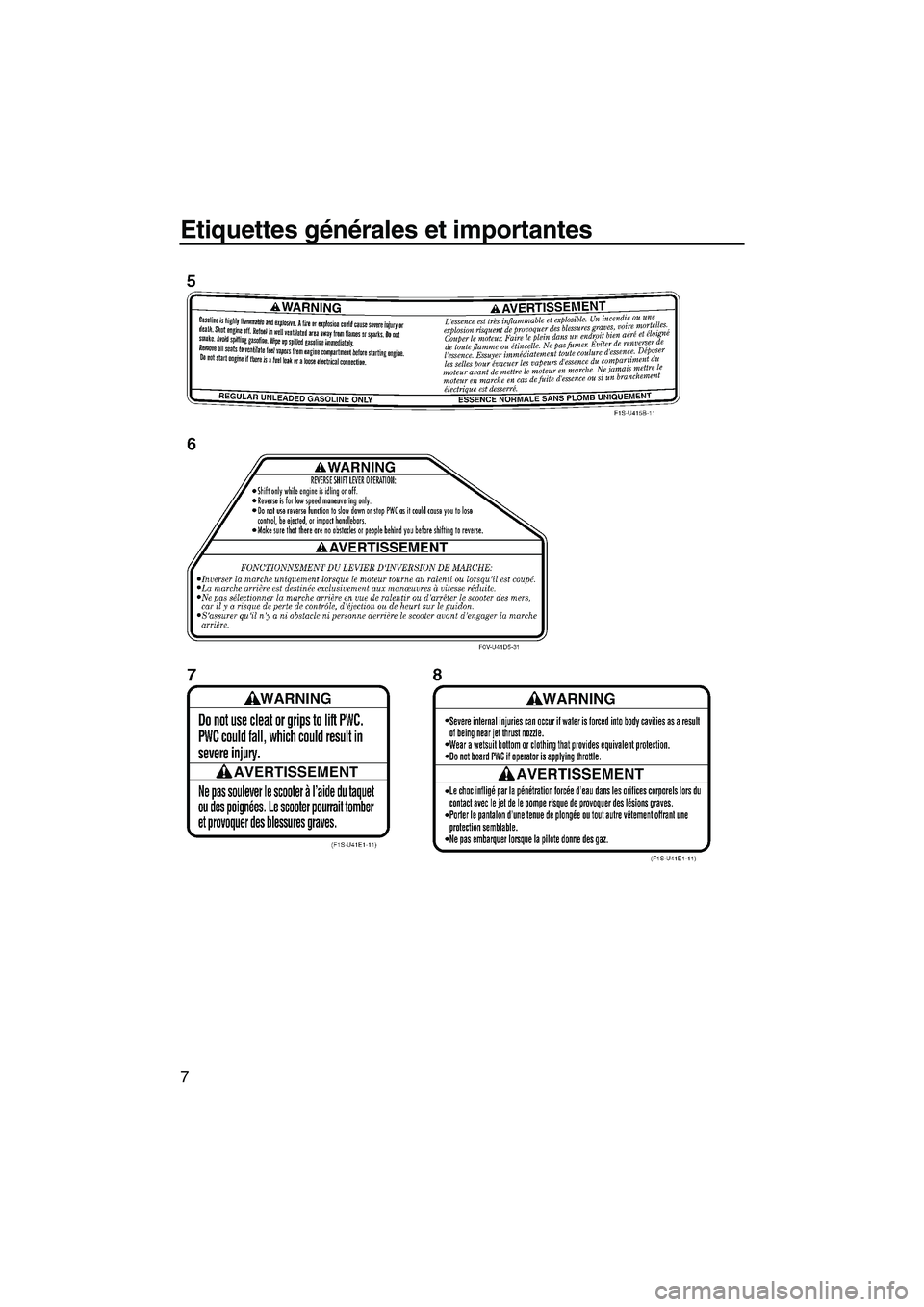 YAMAHA FZS 2012  Notices Demploi (in French) Etiquettes générales et importantes
7
UF2C73F0.book  Page 7  Thursday, June 23, 2011  11:09 AM 