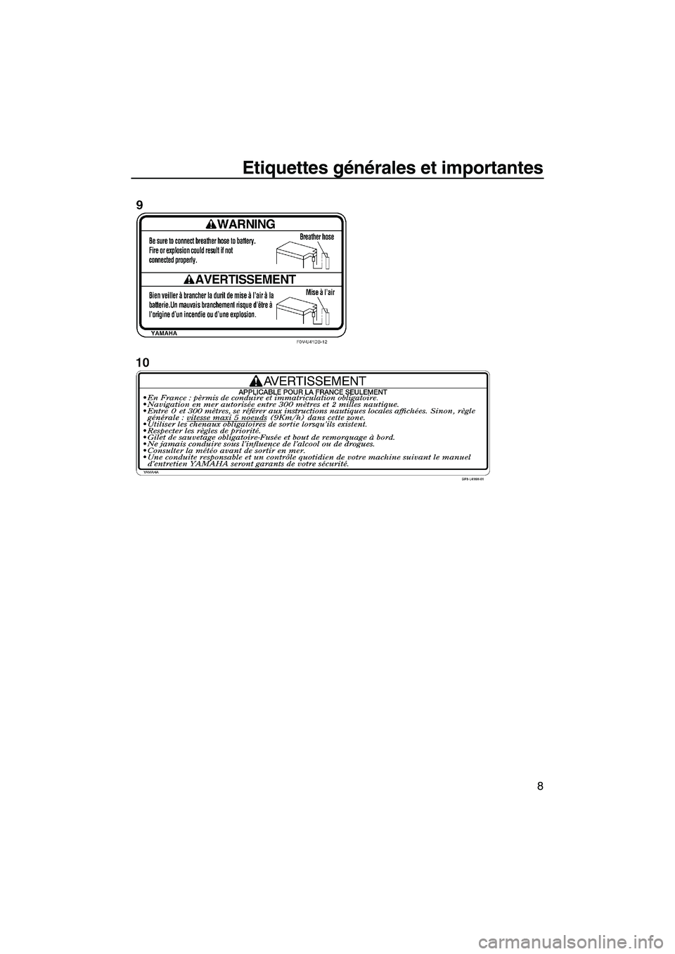 YAMAHA FZS 2012  Notices Demploi (in French) Etiquettes générales et importantes
8
UF2C73F0.book  Page 8  Thursday, June 23, 2011  11:09 AM 