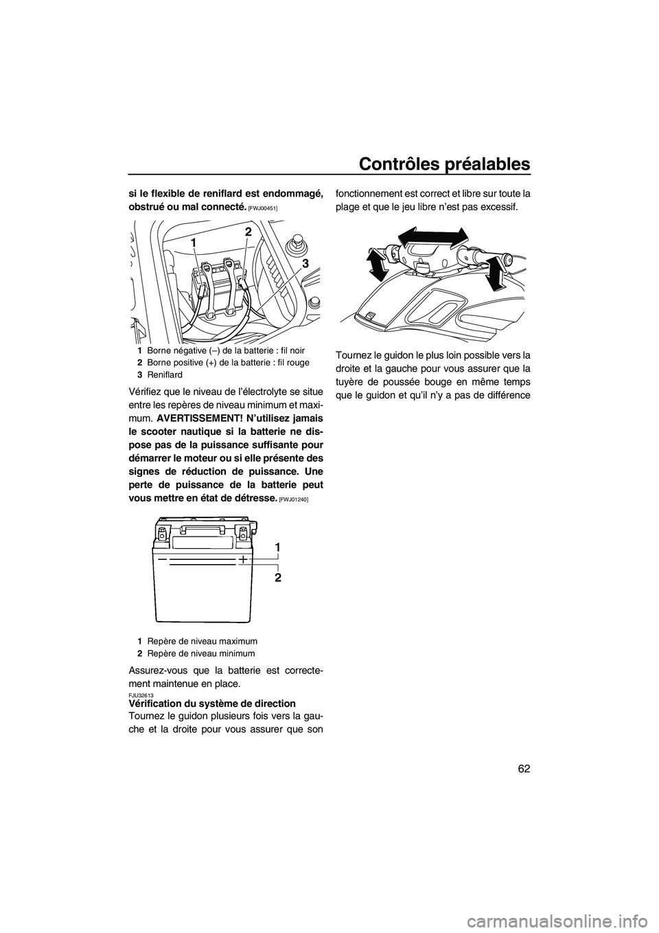 YAMAHA FZS 2012  Notices Demploi (in French) Contrôles préalables
62
si le flexible de reniflard est endommagé,
obstrué ou mal connecté.
 [FWJ00451]
Vérifiez que le niveau de l’électrolyte se situe
entre les repères de niveau minimum e