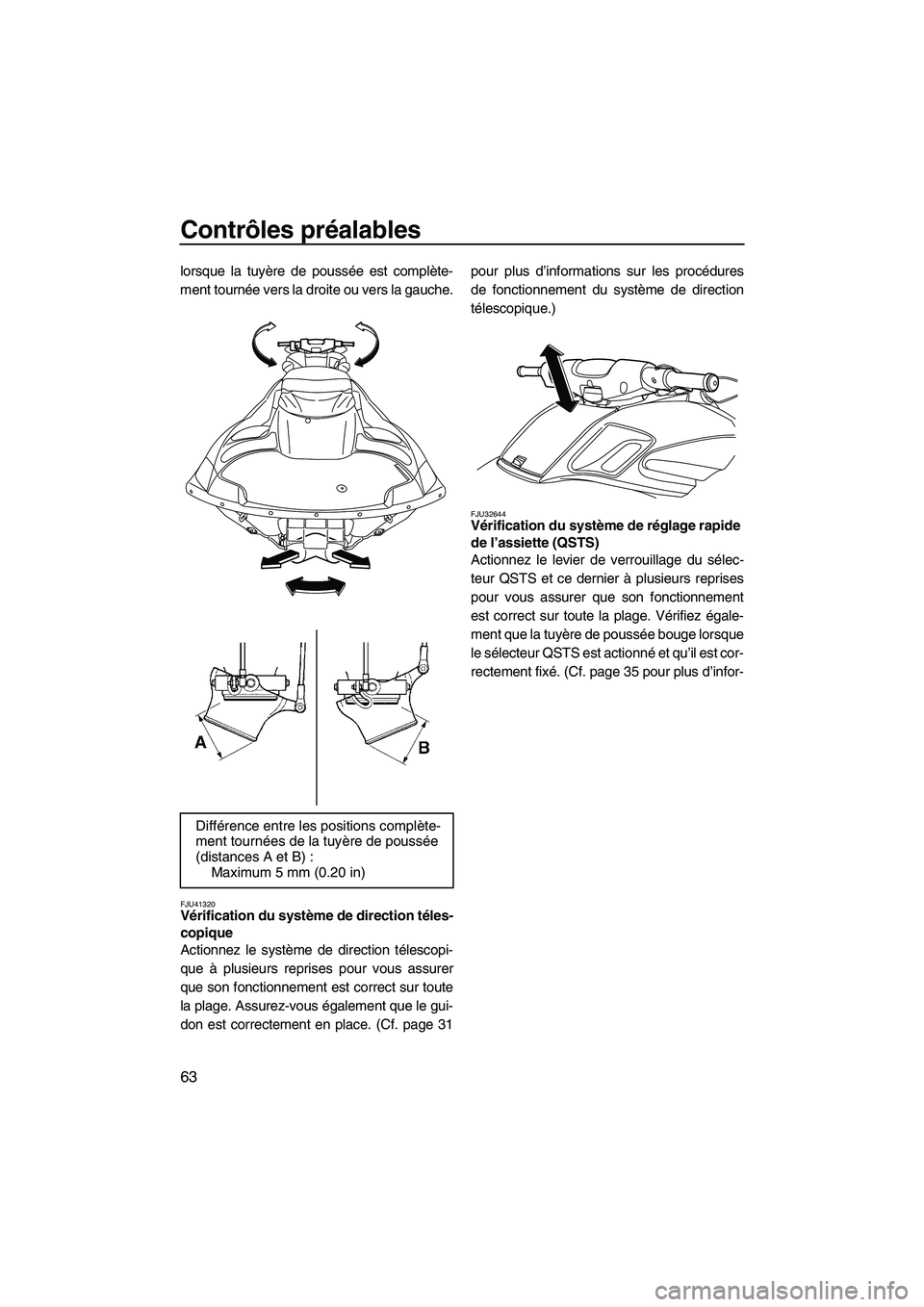 YAMAHA FZS 2012  Notices Demploi (in French) Contrôles préalables
63
lorsque la tuyère de poussée est complète-
ment tournée vers la droite ou vers la gauche.
FJU41320Vérification du système de direction téles-
copique 
Actionnez le sys