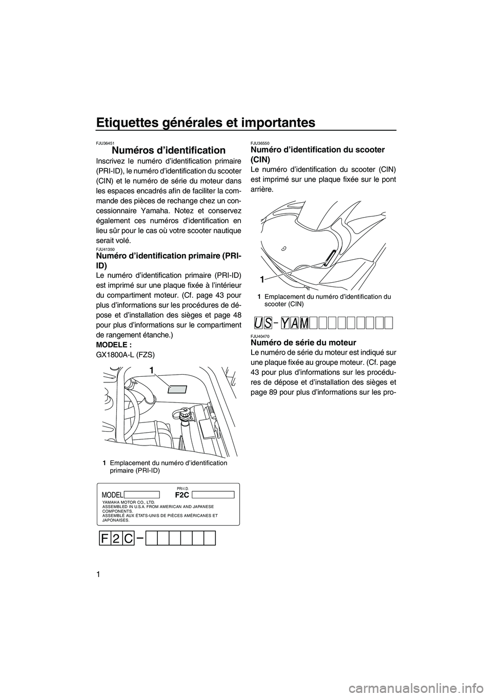 YAMAHA FZS 2012  Notices Demploi (in French) Etiquettes générales et importantes
1
FJU36451
Numéros d’identification 
Inscrivez le numéro d’identification primaire
(PRI-ID), le numéro d’identification du scooter
(CIN) et le numéro de