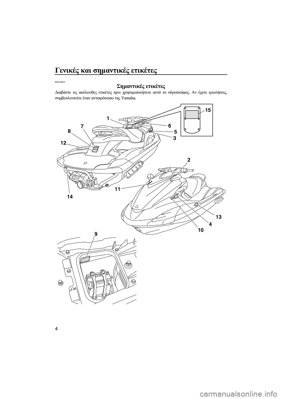 YAMAHA FZS SVHO 2012  Notices Demploi (in French) Γενικές και σηµαντικές ετικέτες
4
RJU30452
Σηµαντικές ετικέτες 
∆ιαβάστε τις ακόλουθες ετικέτες πριν χρησιµοποι