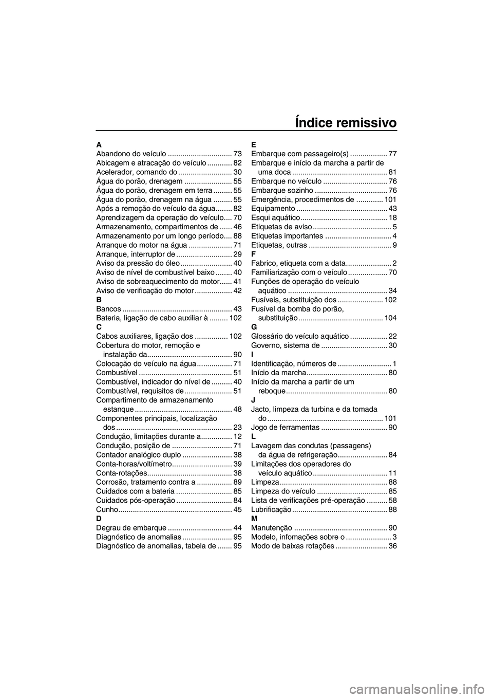 YAMAHA FZS 2012  Manual de utilização (in Portuguese) Índice remissivo
A
Abandono do veículo ............................... 73
Abicagem e atracação do veículo ............ 82
Acelerador, comando do .......................... 30
Água do porão, dre