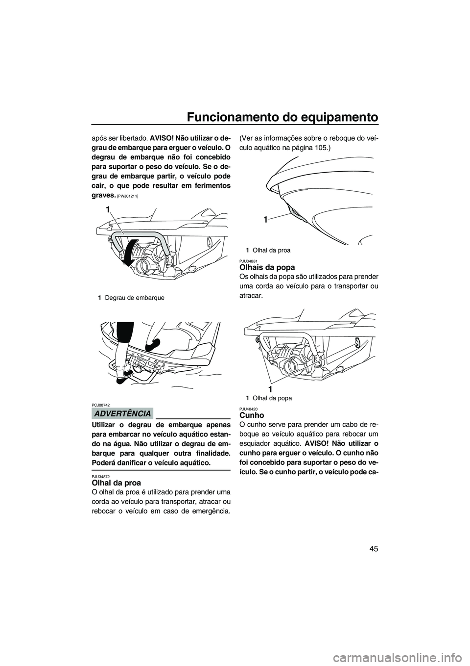 YAMAHA FZS 2012  Manual de utilização (in Portuguese) Funcionamento do equipamento
45
após ser libertado. AVISO! Não utilizar o de-
grau de embarque para erguer o veículo. O
degrau de embarque não foi concebido
para suportar o peso do veículo. Se o 