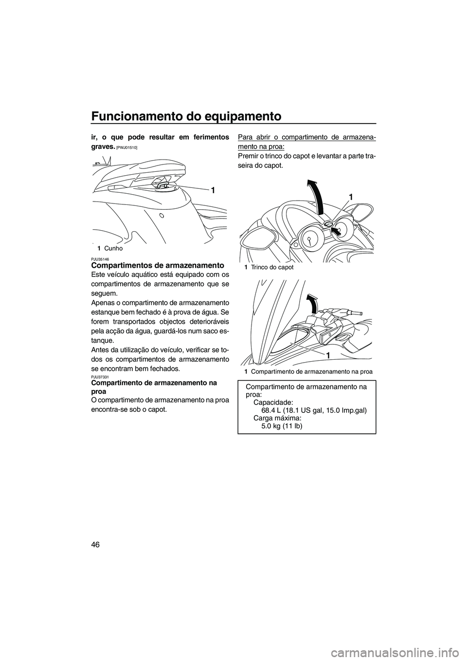 YAMAHA FZS 2012  Manual de utilização (in Portuguese) Funcionamento do equipamento
46
ir, o que pode resultar em ferimentos
graves.
 [PWJ01510]
PJU35146
Compartimentos de armazenamento 
Este veículo aquático está equipado com os
compartimentos de arma