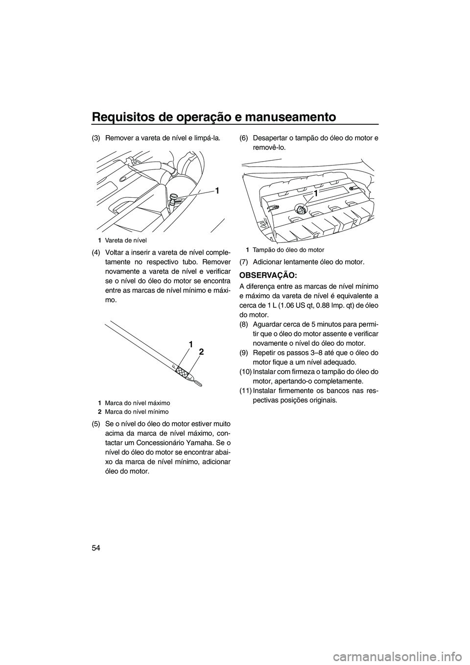 YAMAHA FZS 2012  Manual de utilização (in Portuguese) Requisitos de operação e manuseamento
54
(3) Remover a vareta de nível e limpá-la.
(4) Voltar a inserir a vareta de nível comple-
tamente no respectivo tubo. Remover
novamente a vareta de nível 