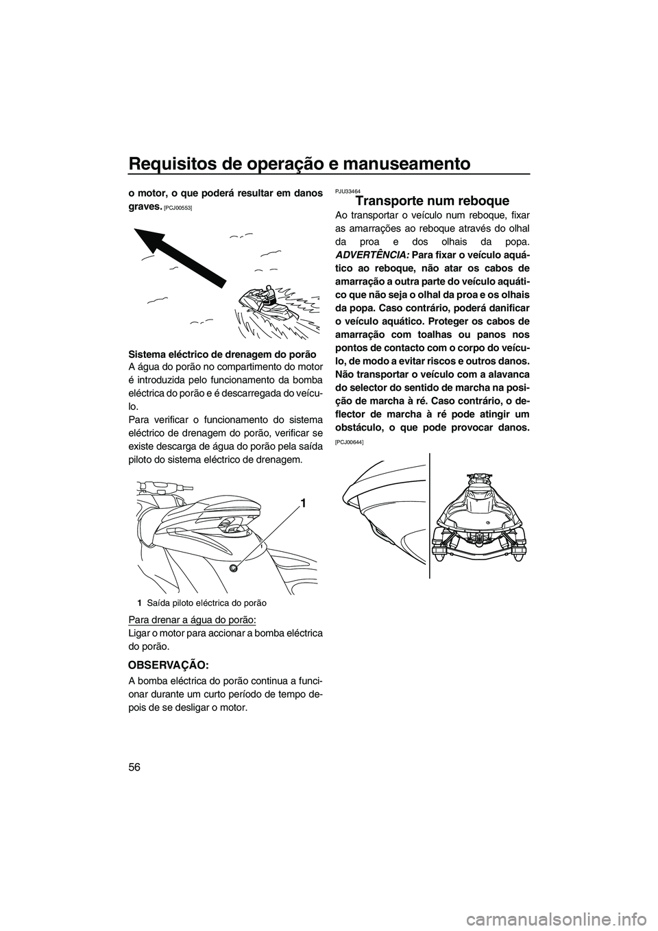 YAMAHA FZS 2012  Manual de utilização (in Portuguese) Requisitos de operação e manuseamento
56
o motor, o que poderá resultar em danos
graves.
 [PCJ00553]
Sistema eléctrico de drenagem do porão
A água do porão no compartimento do motor
é introduz