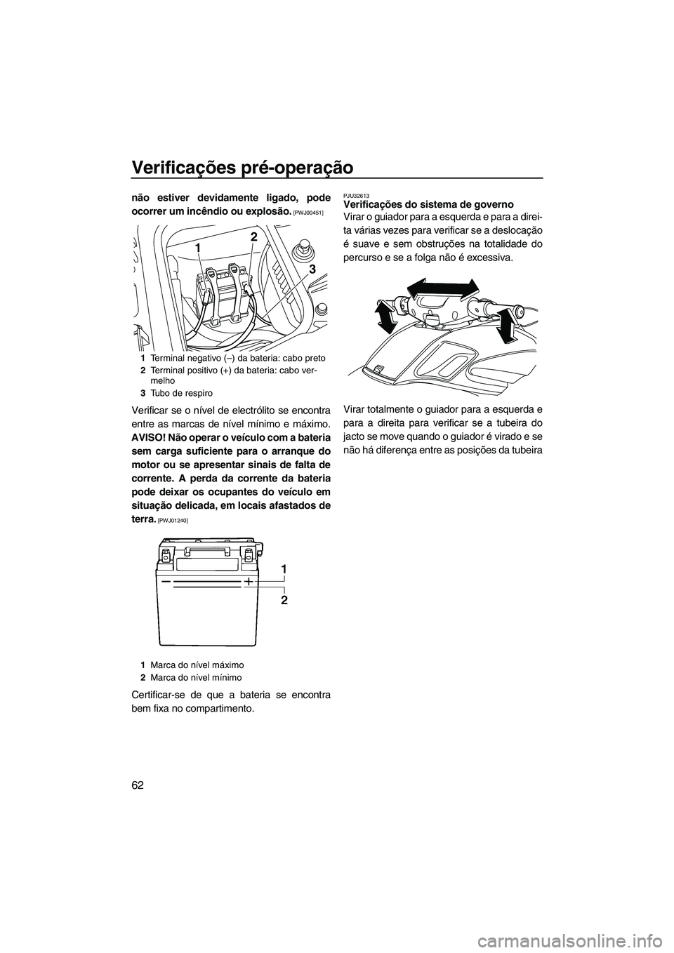 YAMAHA FZS 2012  Manual de utilização (in Portuguese) Verificações pré-operação
62
não estiver devidamente ligado, pode
ocorrer um incêndio ou explosão.
 [PWJ00451]
Verificar se o nível de electrólito se encontra
entre as marcas de nível míni