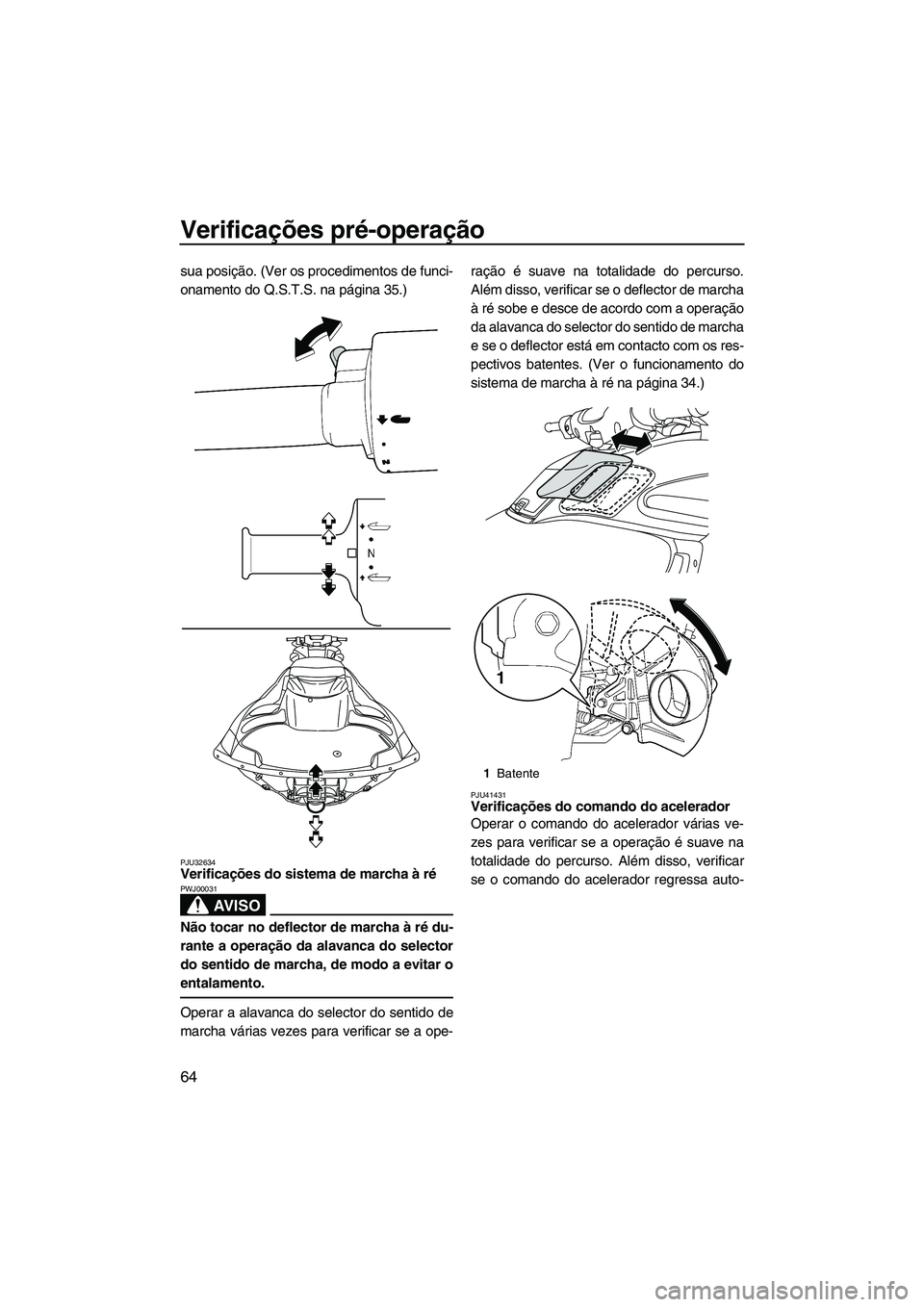 YAMAHA FZS 2012  Manual de utilização (in Portuguese) Verificações pré-operação
64
sua posição. (Ver os procedimentos de funci-
onamento do Q.S.T.S. na página 35.)
PJU32634Verificações do sistema de marcha à ré 
AV I S O
PWJ00031
Não tocar n