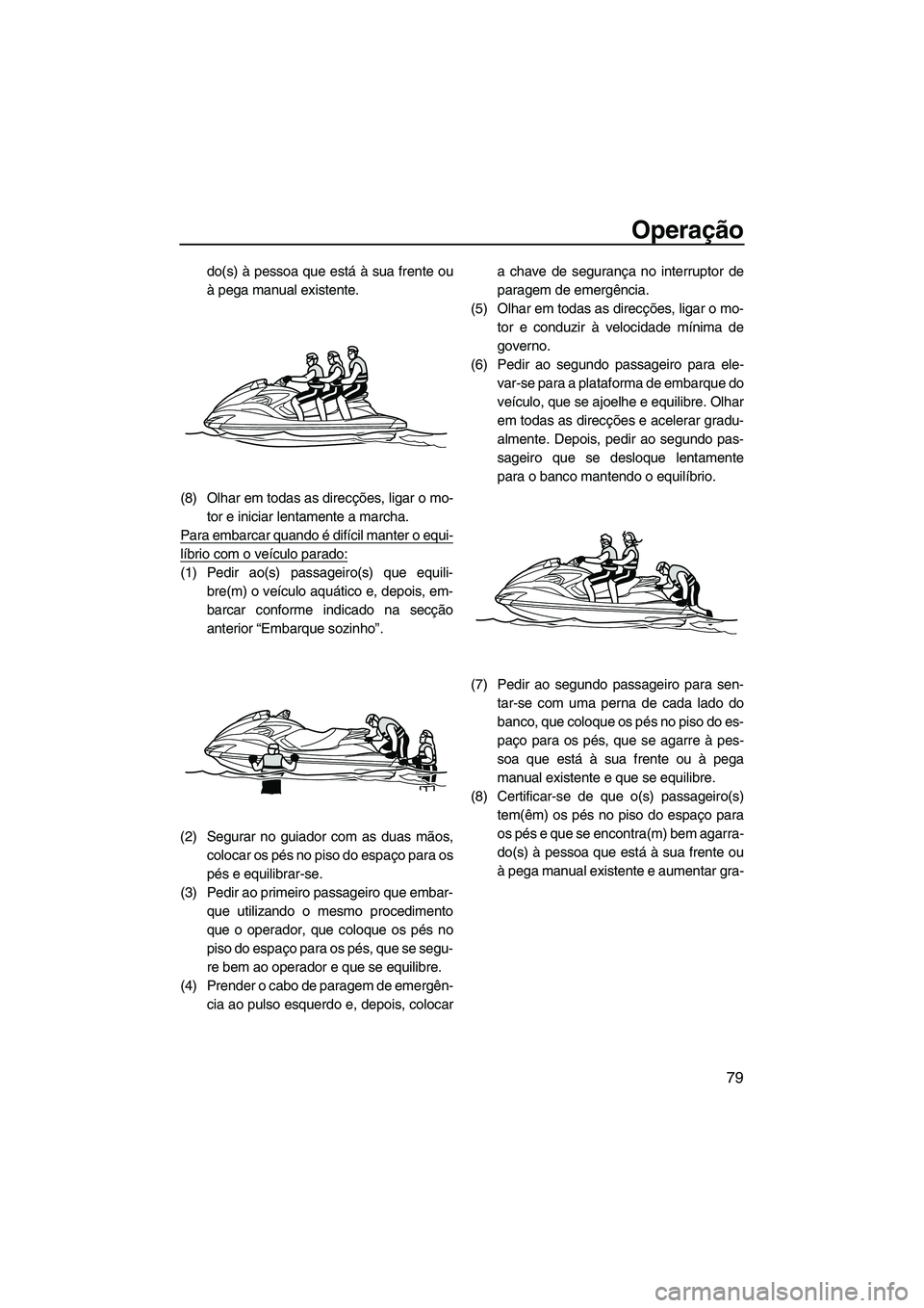 YAMAHA FZS 2012  Manual de utilização (in Portuguese) Operação
79
do(s) à pessoa que está à sua frente ou
à pega manual existente.
(8) Olhar em todas as direcções, ligar o mo-
tor e iniciar lentamente a marcha.
Para embarcar quando é difícil ma