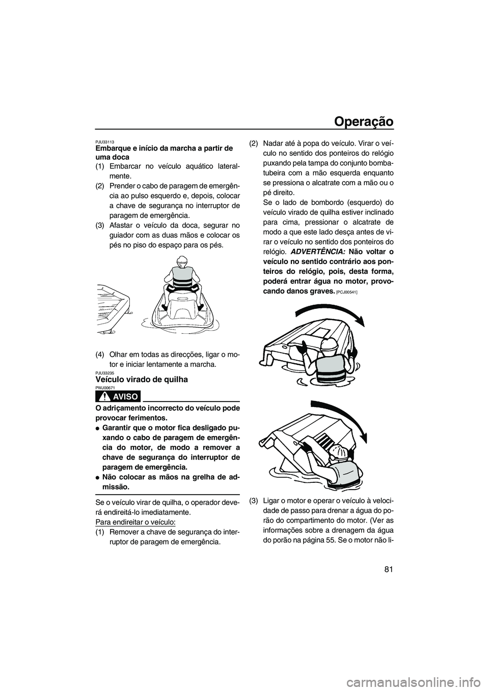 YAMAHA FZS 2012  Manual de utilização (in Portuguese) Operação
81
PJU33113Embarque e início da marcha a partir de 
uma doca 
(1) Embarcar no veículo aquático lateral-
mente.
(2) Prender o cabo de paragem de emergên-
cia ao pulso esquerdo e, depois,