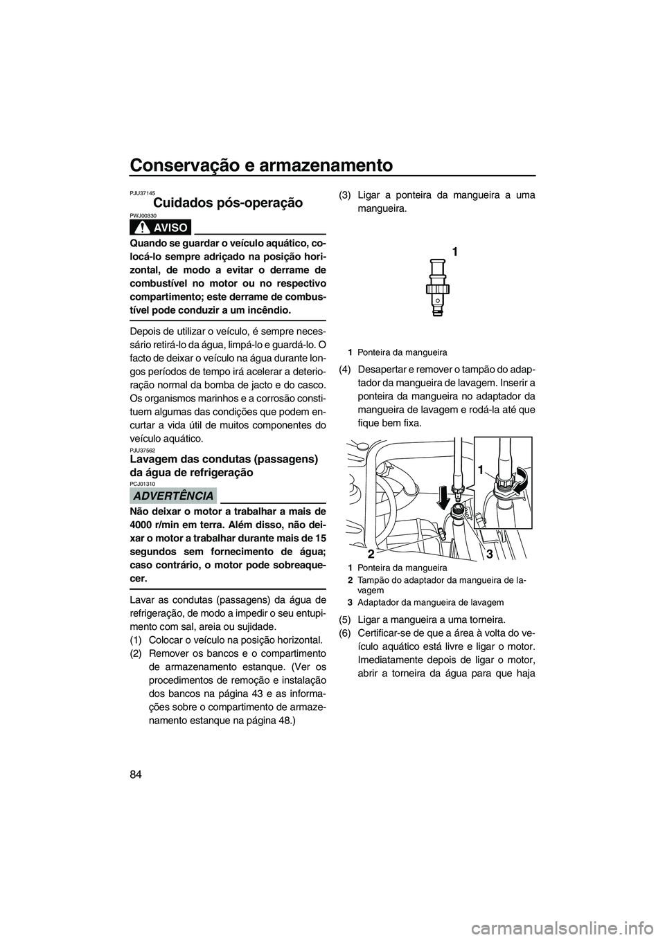 YAMAHA FZS 2012  Manual de utilização (in Portuguese) Conservação e armazenamento
84
PJU37145
Cuidados pós-operação 
AV I S O
PWJ00330
Quando se guardar o veículo aquático, co-
locá-lo sempre adriçado na posição hori-
zontal, de modo a evitar 