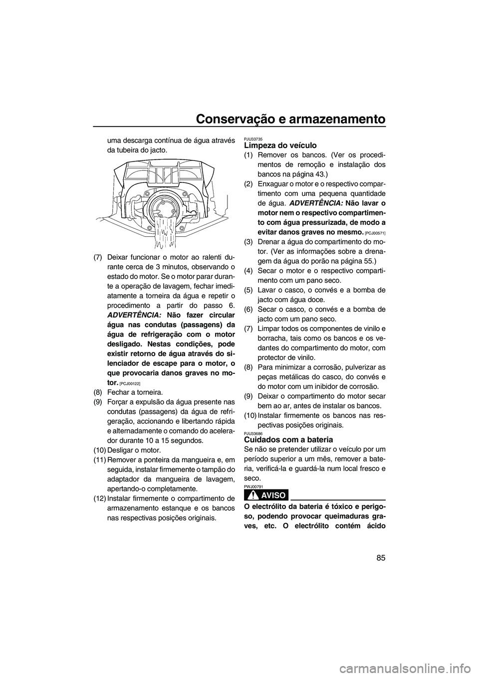 YAMAHA FZS 2012  Manual de utilização (in Portuguese) Conservação e armazenamento
85
uma descarga contínua de água através
da tubeira do jacto.
(7) Deixar funcionar o motor ao ralenti du-
rante cerca de 3 minutos, observando o
estado do motor. Se o 