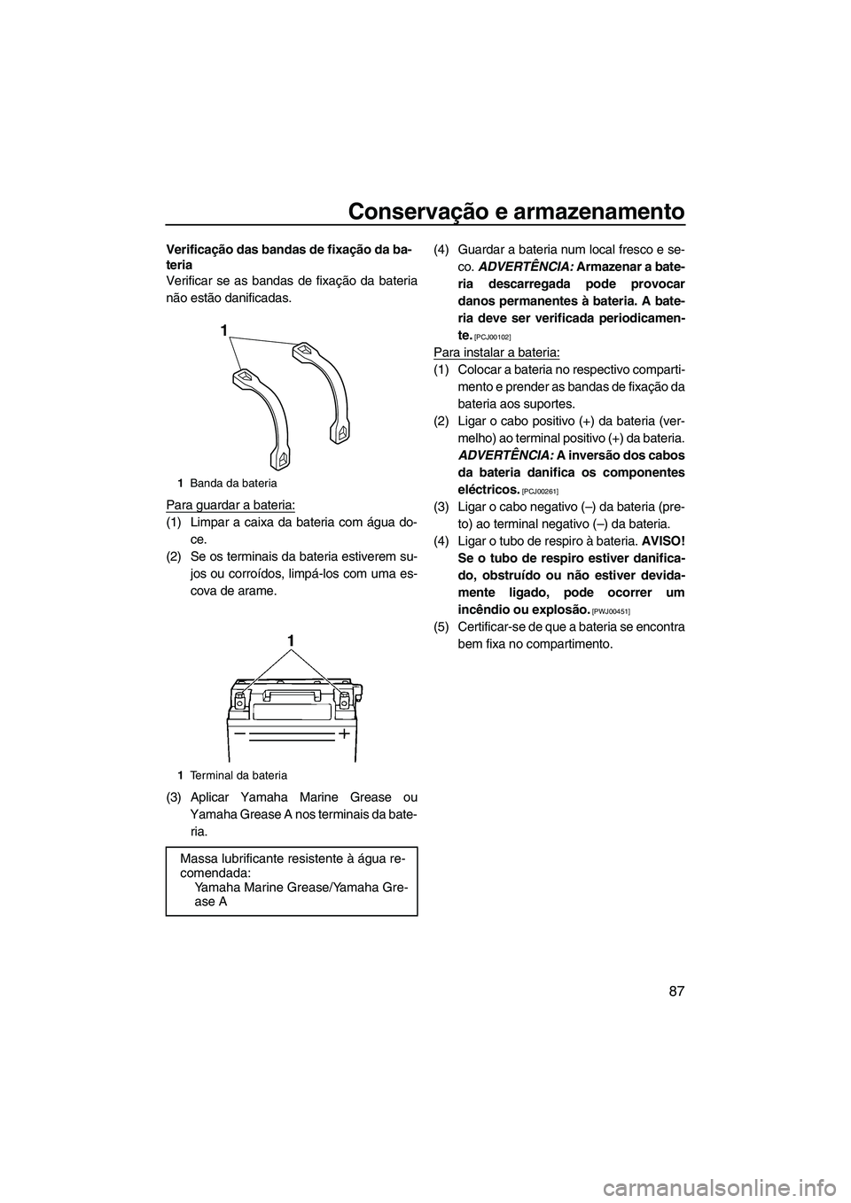 YAMAHA FZS 2012  Manual de utilização (in Portuguese) Conservação e armazenamento
87
Verificação das bandas de fixação da ba-
teria
Verificar se as bandas de fixação da bateria
não estão danificadas.
Para guardar a bateria:
(1) Limpar a caixa d